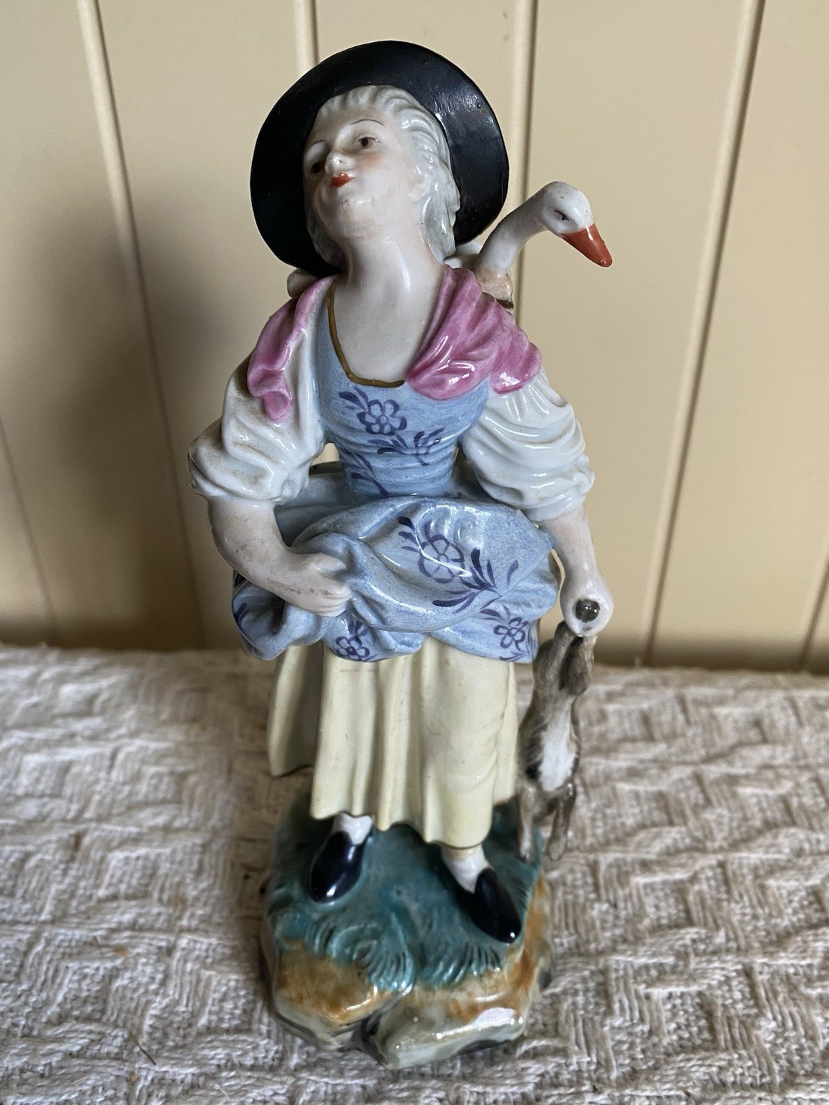 Antique Hochst Porcelain German Peasant Woman w/Goose & Hare Rabbit Figurine