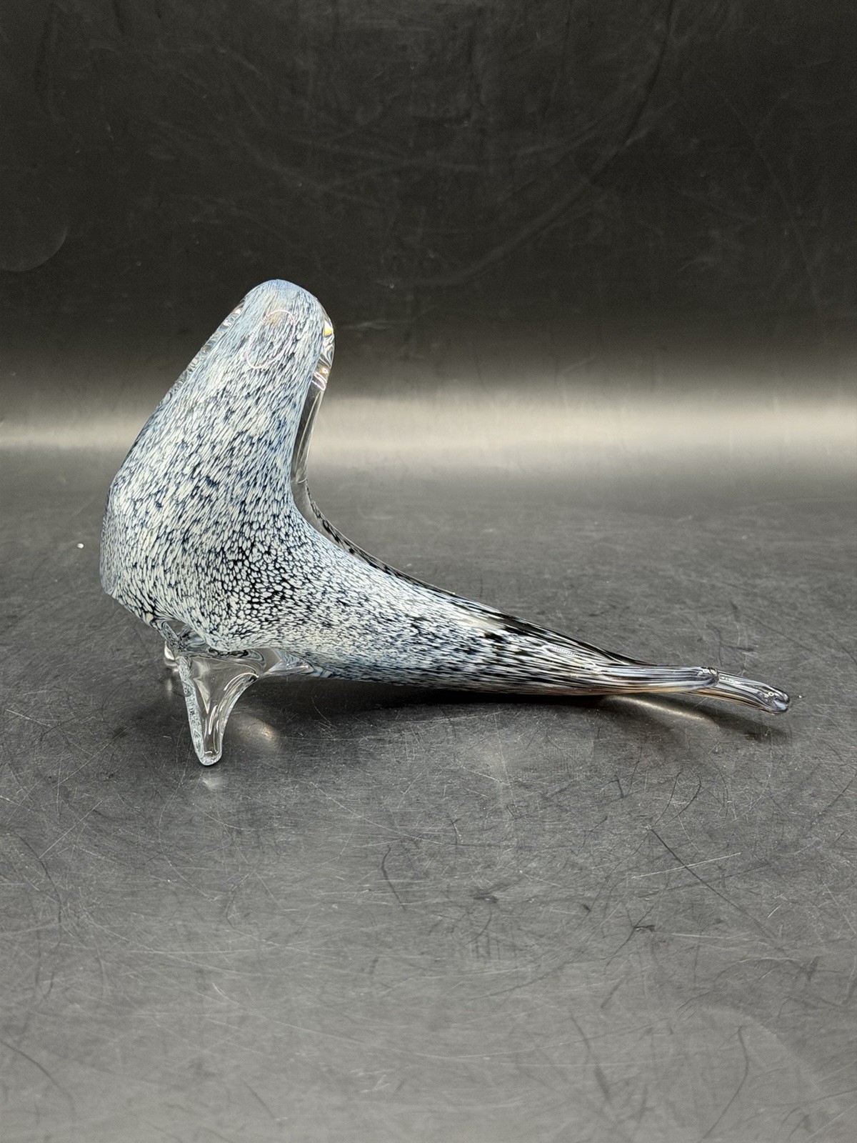 VTG Super RARE Murano Art Glass Seal Sculpture Black Grey White Speckled GLOWS!