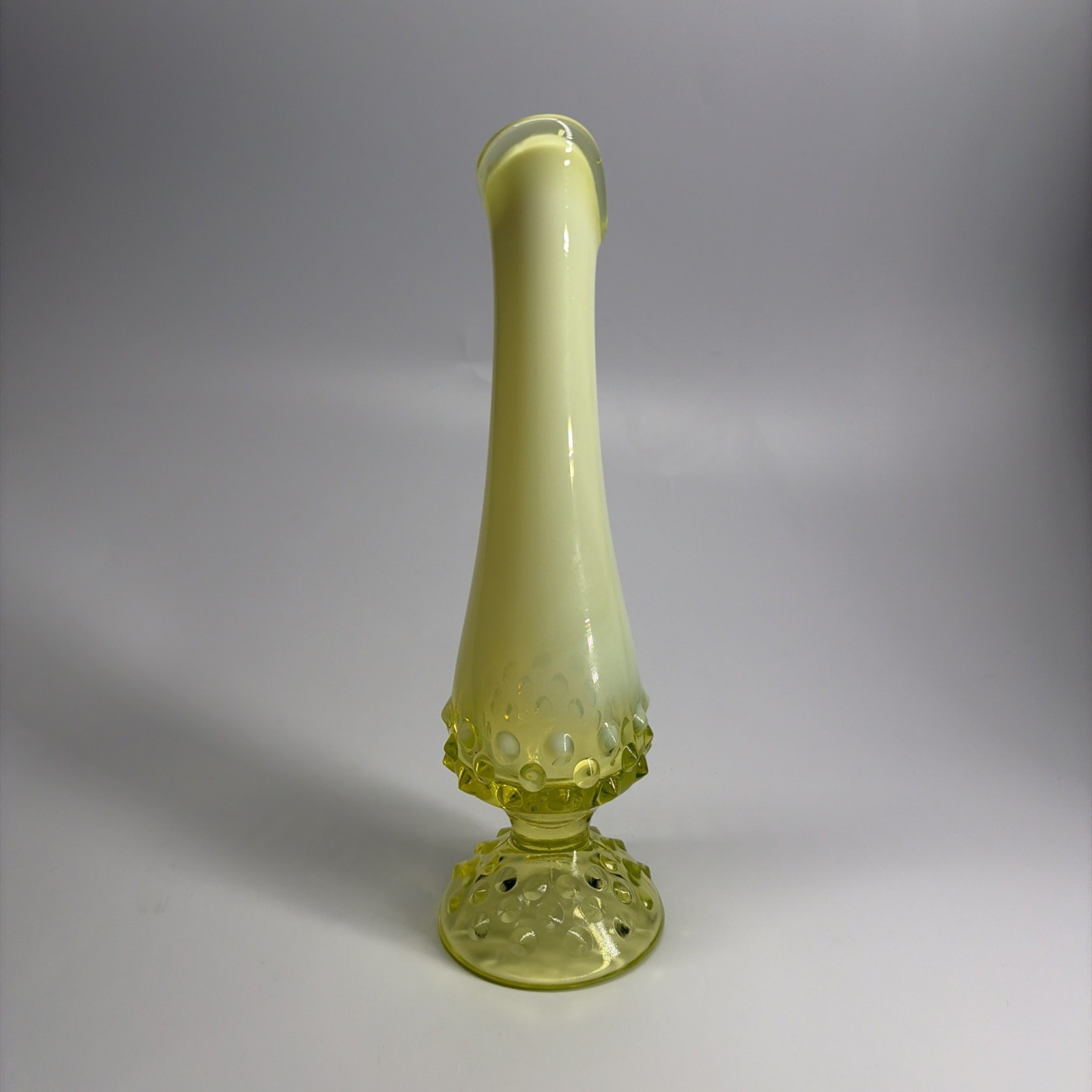 Fenton Topaz Opalescent Hobnail Swung Bud Vase 8″ Vaseline Uranium Glass UV Glow