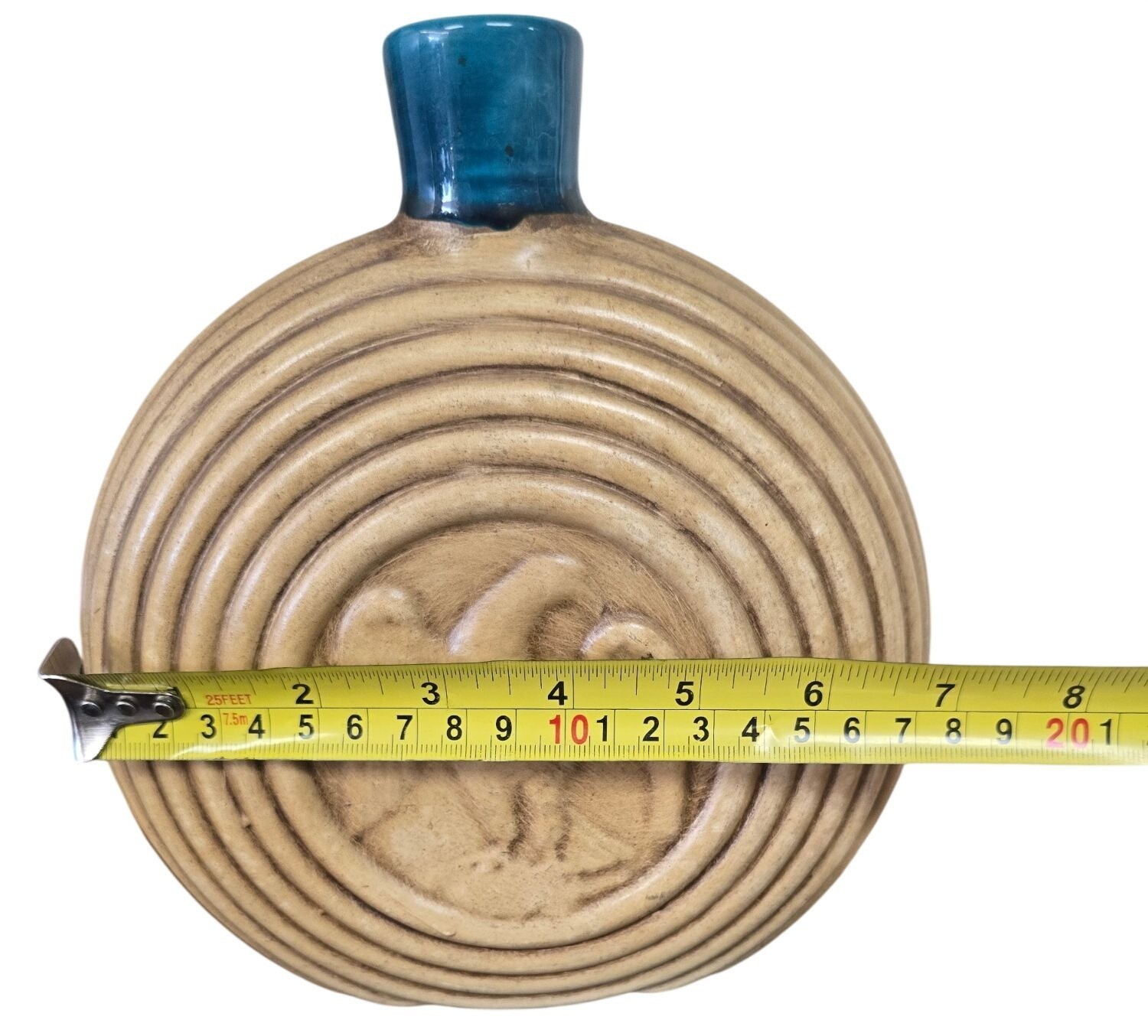Round Ribbed Ceramic Vase Teal Blue Glaze Neck Eagle Beige Flask