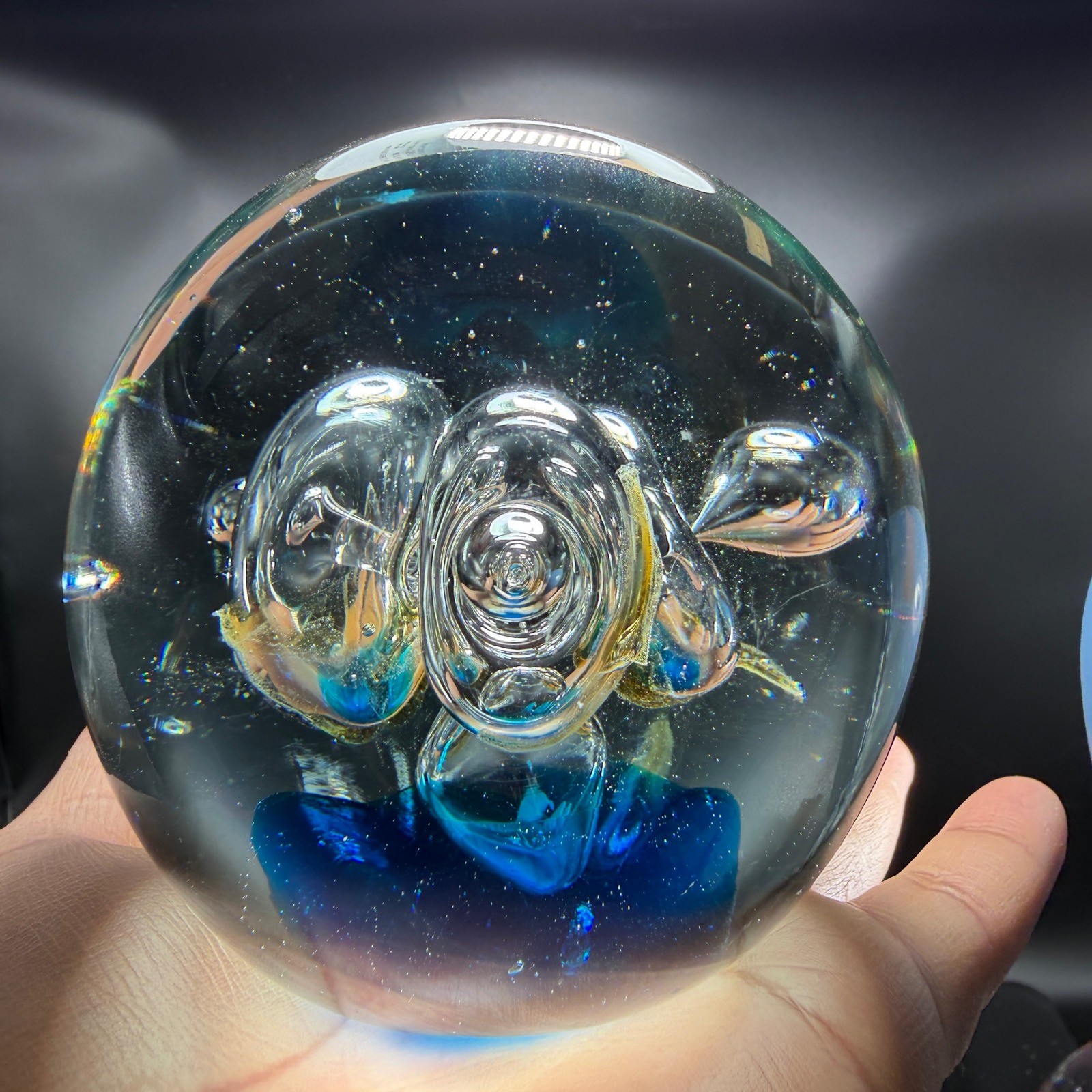 Art Glass Paperweight Controlled Bubble Blue Swirl Orb 3 Inch Sphere Hand Blown