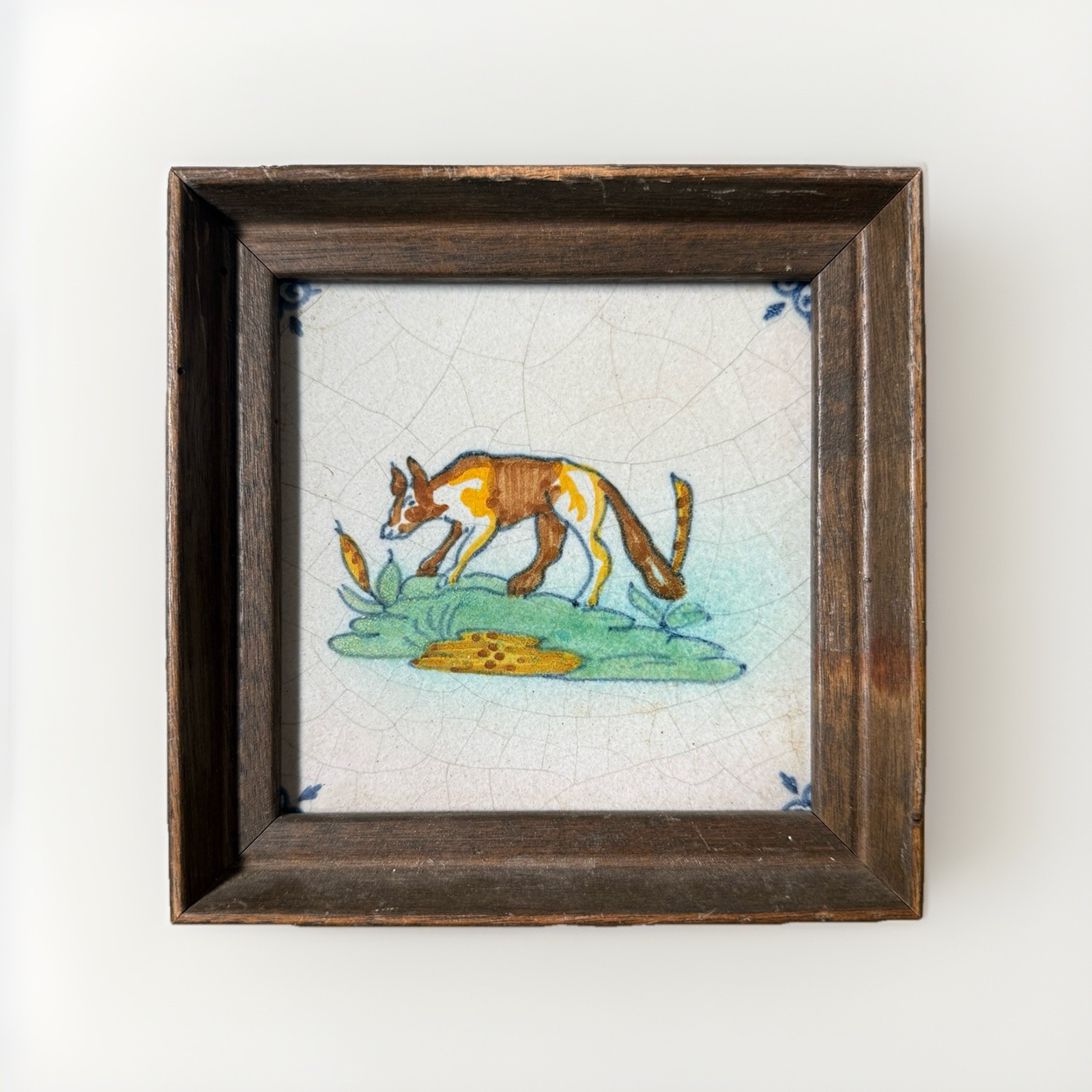 Vintage Dutch Delft Polychrome Blue Hand Painted Glazed Tile Russet Dog Holland