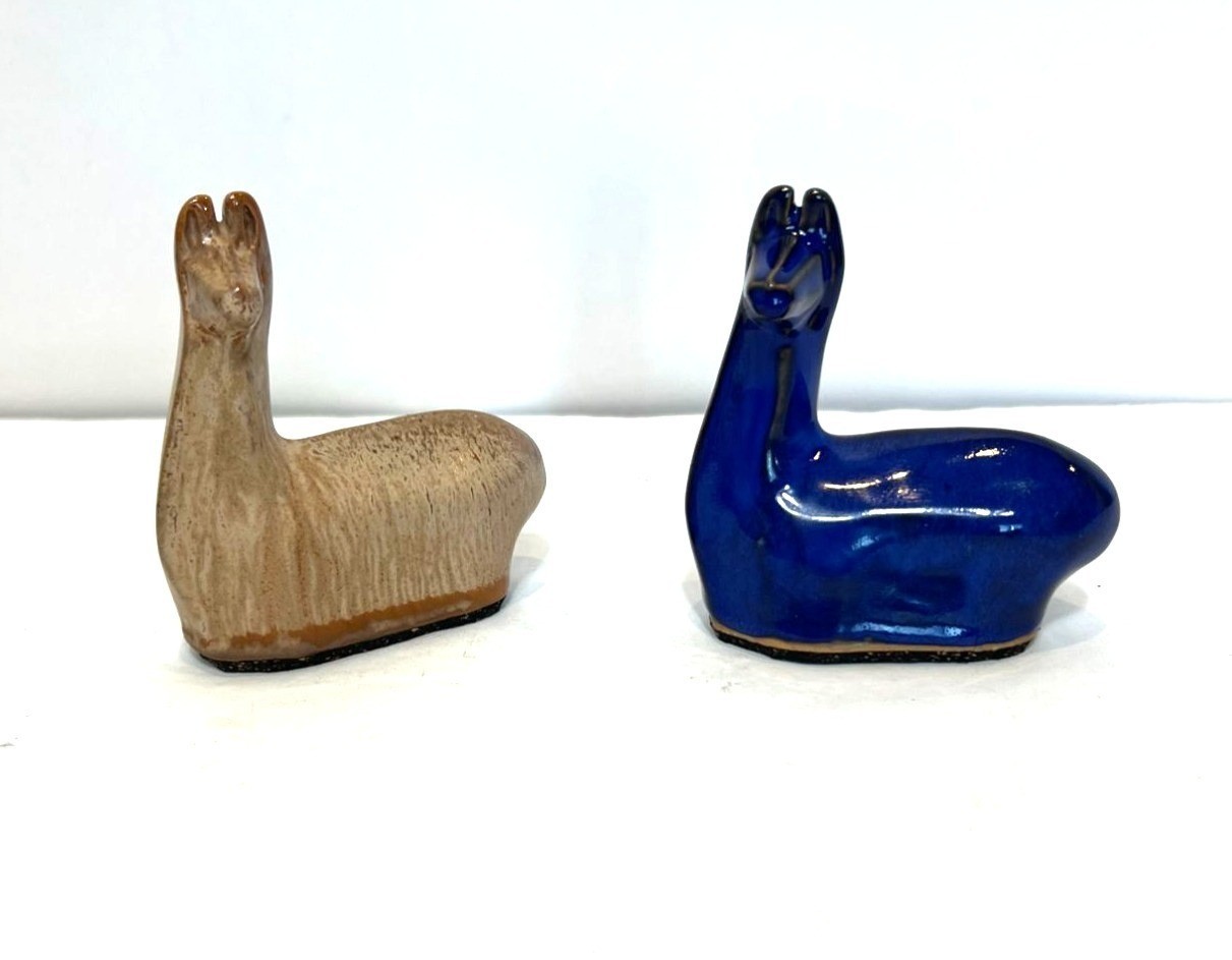 Glazed Studio Art Hand Made Clay Pottery Set Miniature Llamas Natural Blue Gloss