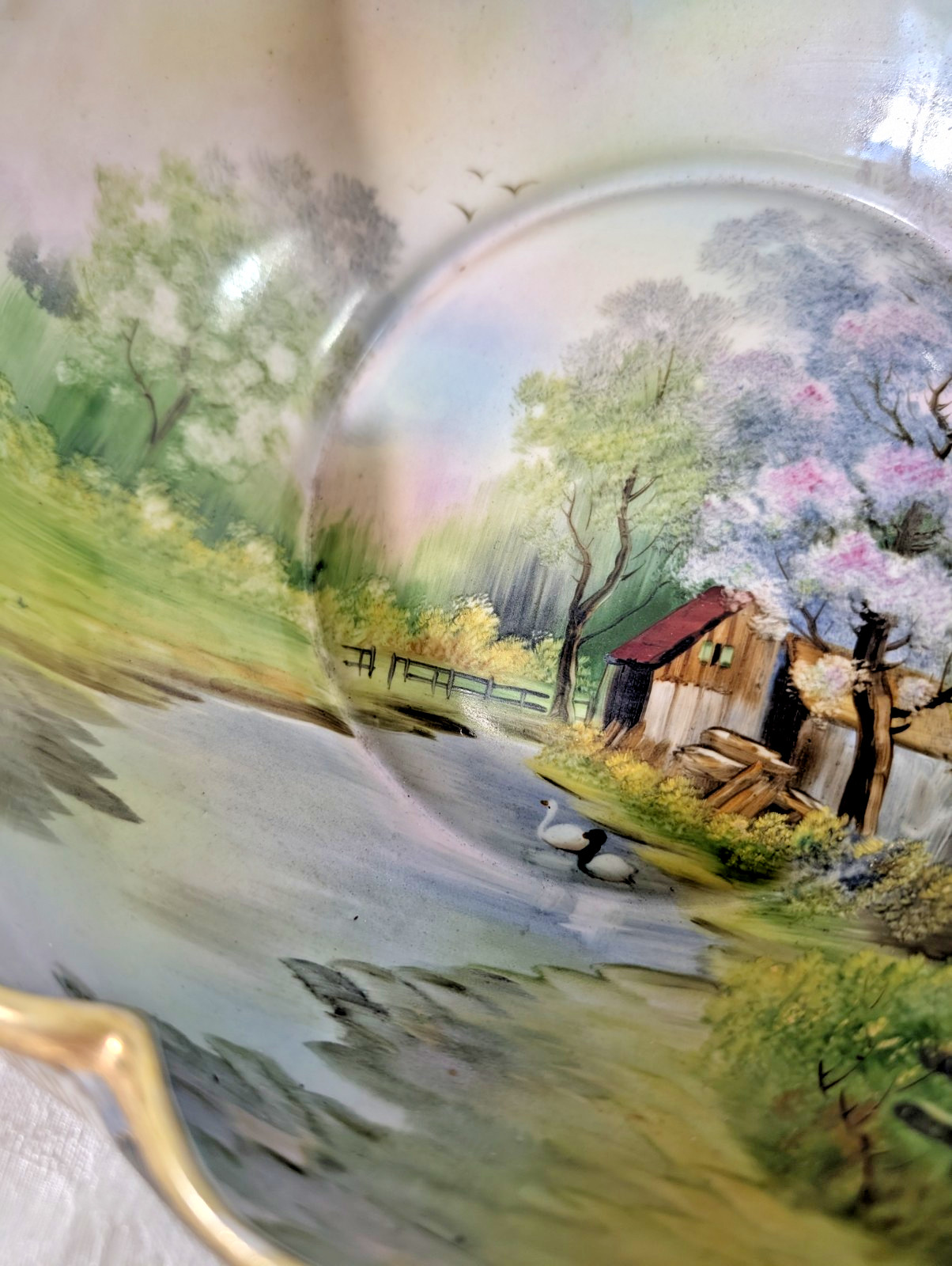 Hand Painted Noritakte Bowl with Farm, Pond Geese, Flowers, Nature