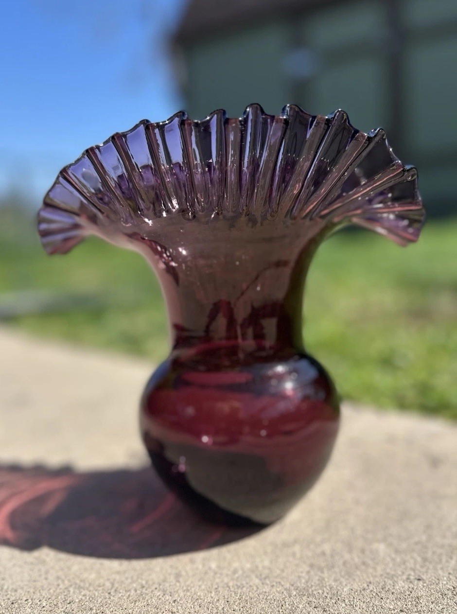Blenko #390 Purple Amethyst Glass Vase, Mid-Century Crimped Rim Hand Blown 7.75”