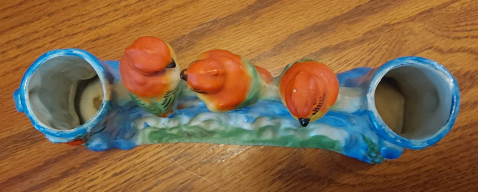 Vintage Japan Pottery Parakeets Between Blue Tree Trunks Double-Sided Vase