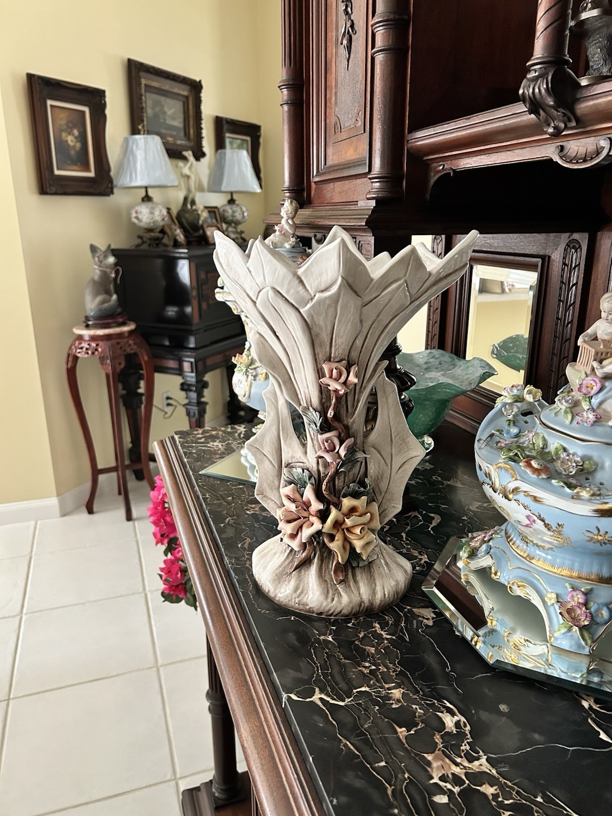 Vintage Capodimonte Floral Porcelain Vase Large