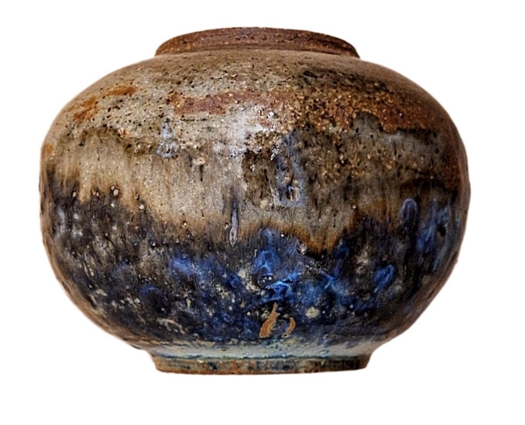 Vintage Hand Thrown Studio Pottery Fat Vase Blue Brown Dripped Glazed Stoneware