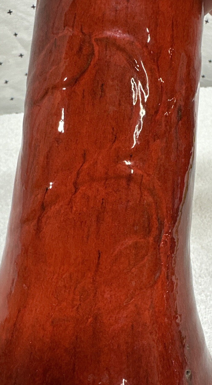 Vintage Hand Thrown Clay Art Pottery Vase Red Black Glaze 8.5” signed Unknown