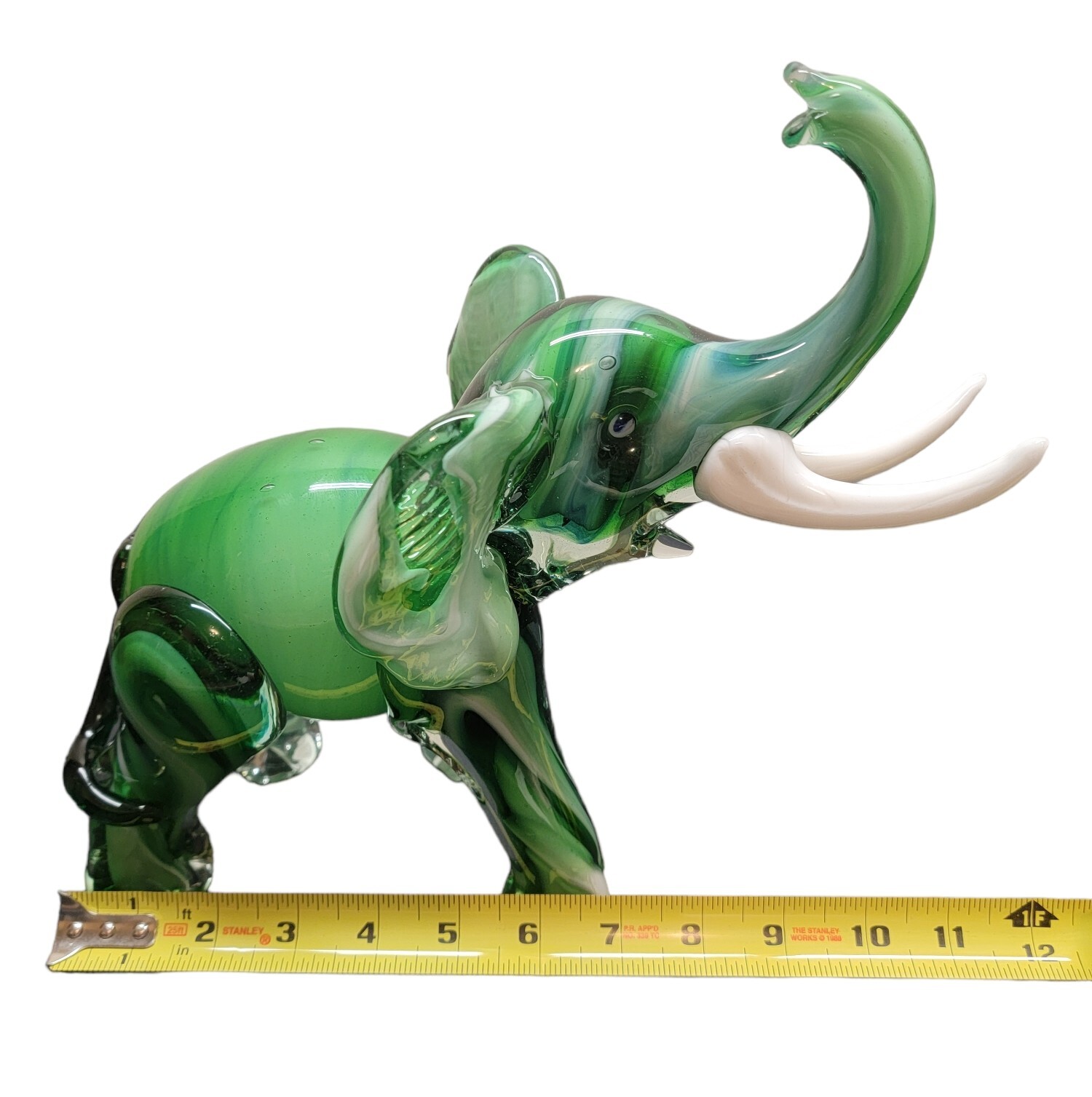 Vtg Hunter Green White Glass Elephant Trunk Up Tusk Figurine Murano Luck Fortune