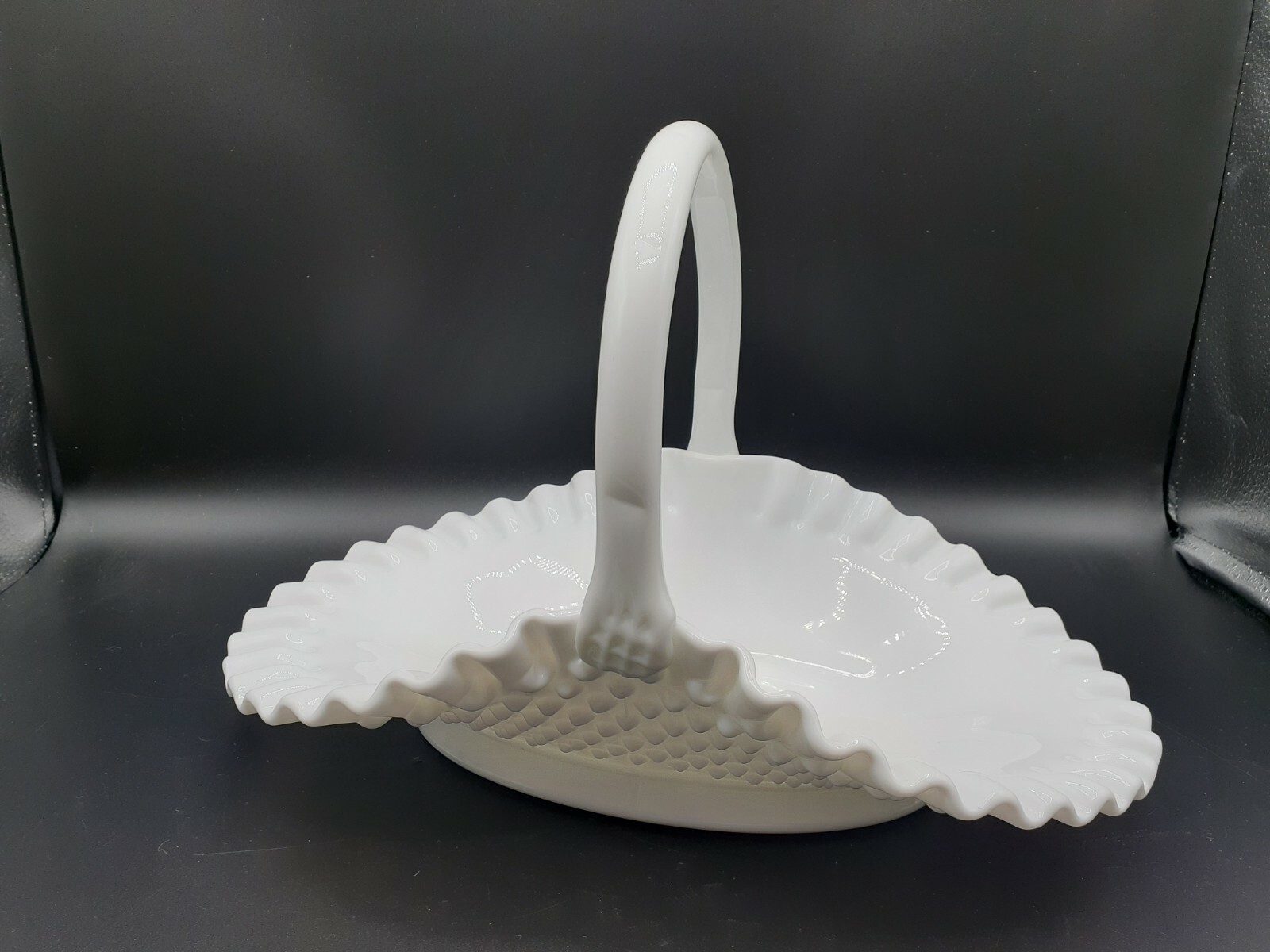 Vintage Fenton Hobnail Milk Glass Fruit Basket, Banana Basket Bowl With Handle