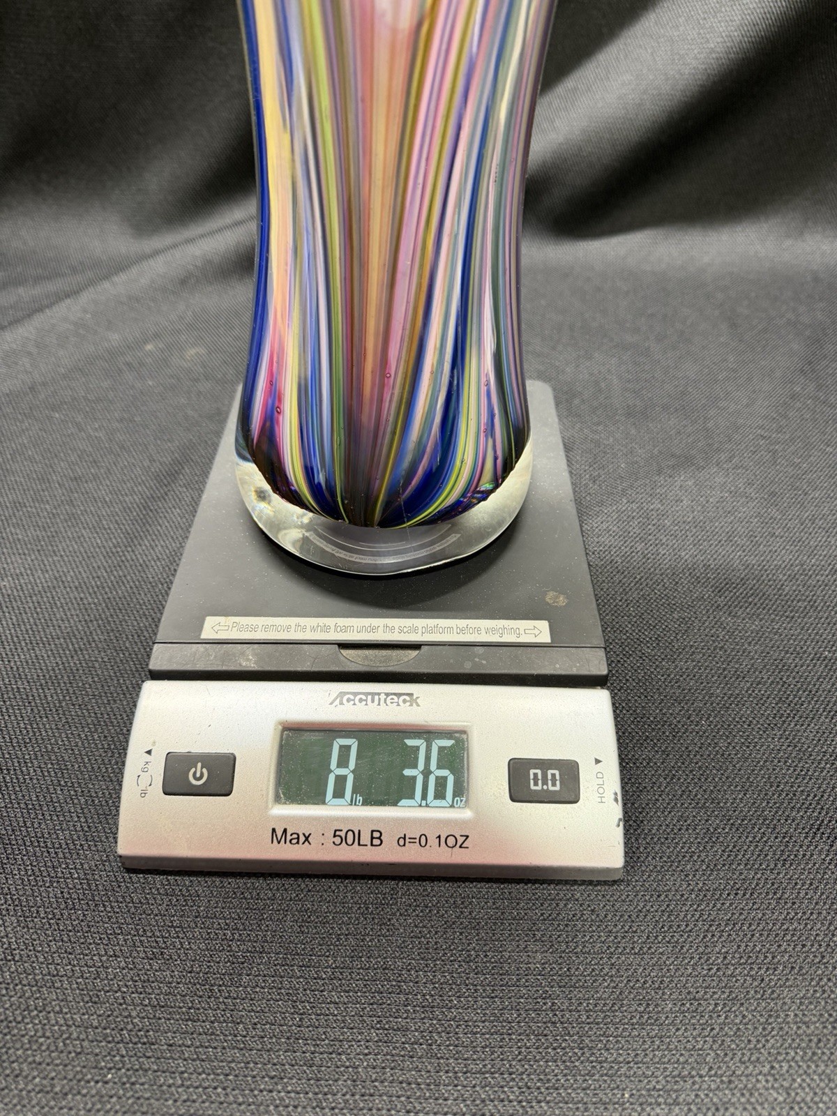 Mid-Century Peacock Feather Striped Cased Glass 16″ 8Lbs Vase