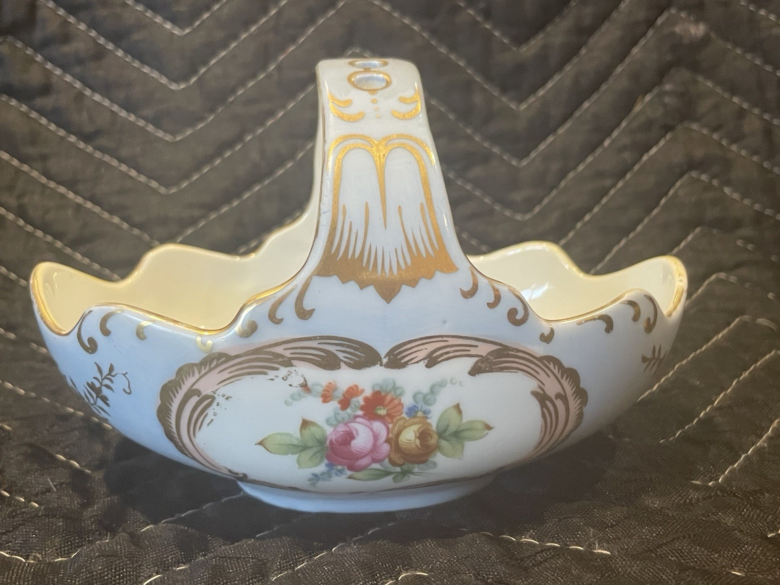 Vintage Sango China Porcelain Basket With Floral Motifs And Gilded Gold Trim