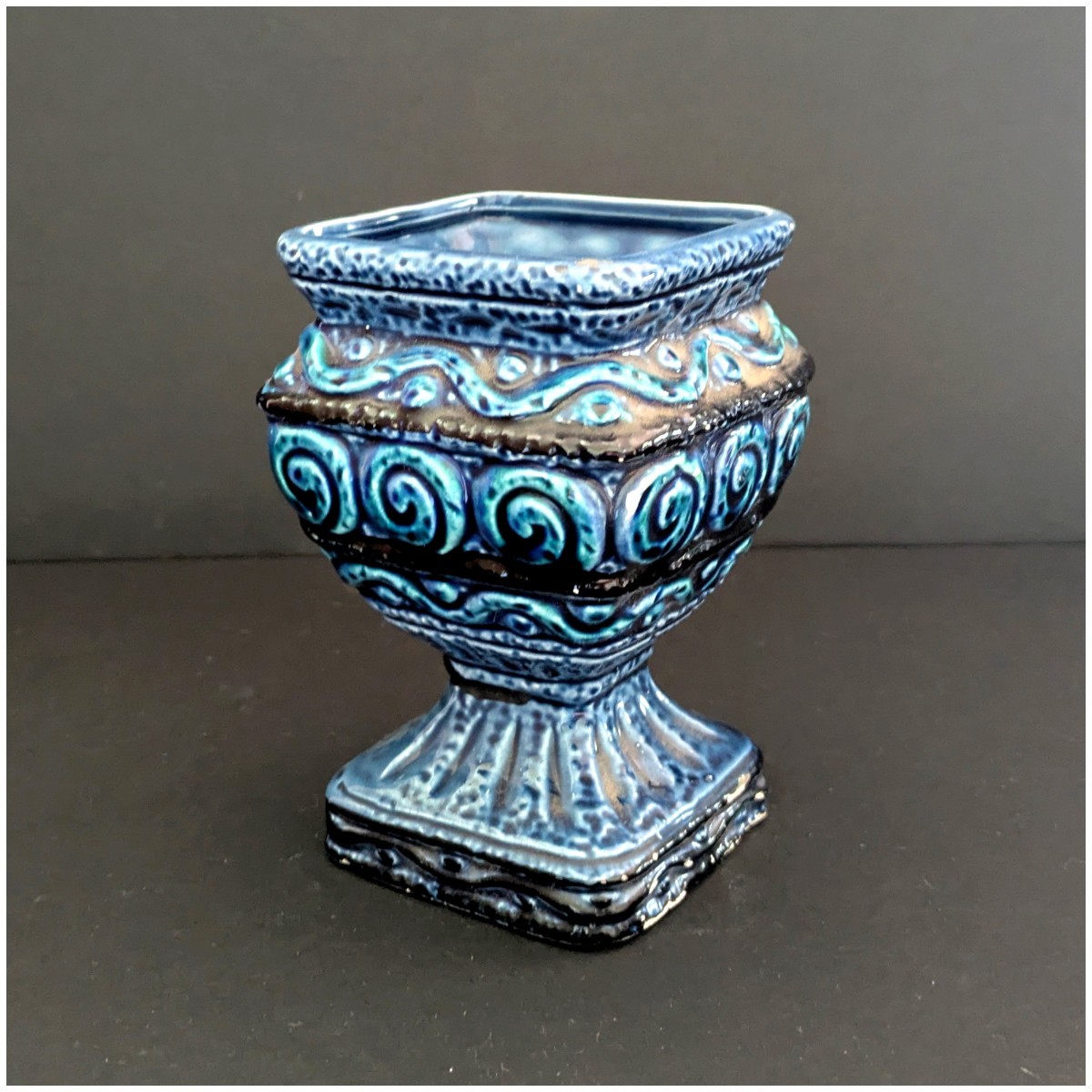 RUBENS Original Pedestal Vase- Blue Black Square Planter Compote, Japan, Gift