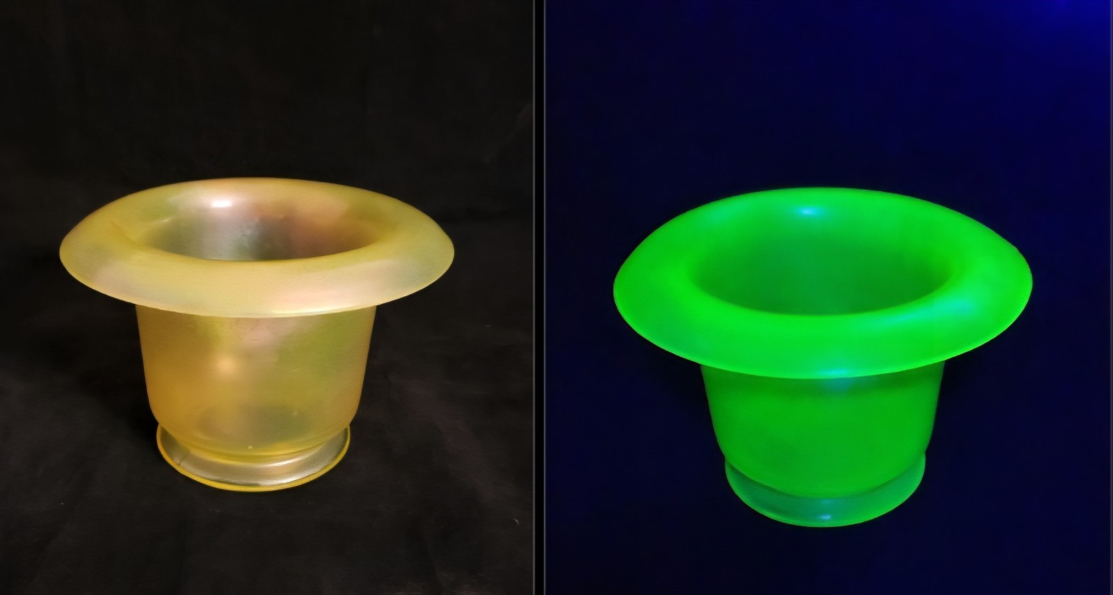 Vintage Vaseline Uranium Glass Yellow Top Hat Style Roll Rim Vase 6.75″ D. 4.5″T