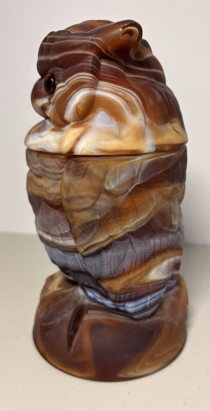 Vintage Imperial Caramel Slag Glass Owl Covered Dish AS-IS Chipped Ear w/Labels
