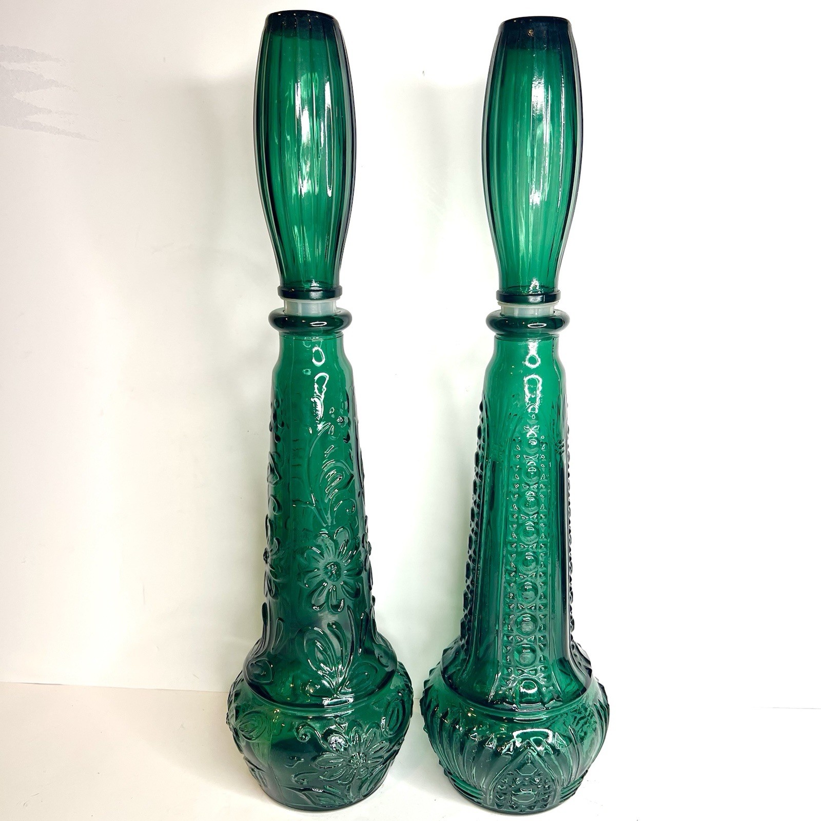 PAIR OF MCM DABS Portugal Glass Bottle Vase w/ Stoppers Embossed Flower Design
