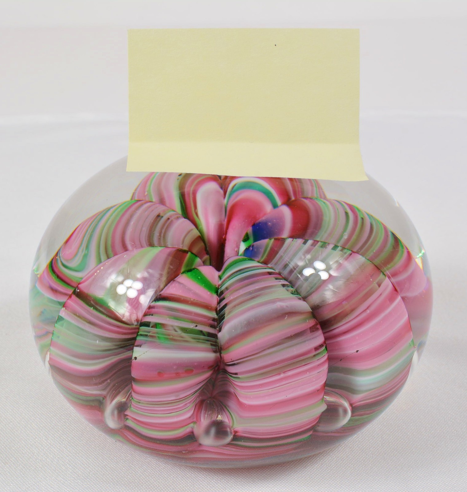 Vtg Joe St Clair Large Ribbon Crimp Glass Paperweight Pink Green Swirl Bubbles