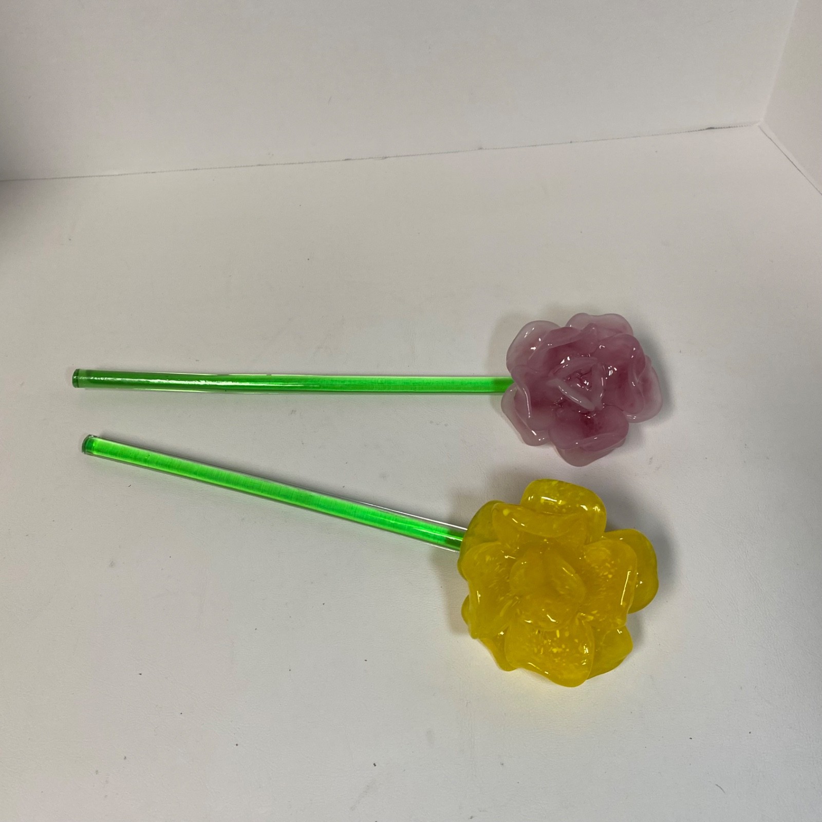 2 Art Glass Flowers • 12″ • Yellow Pink • Long Stem • Gorgeous!
