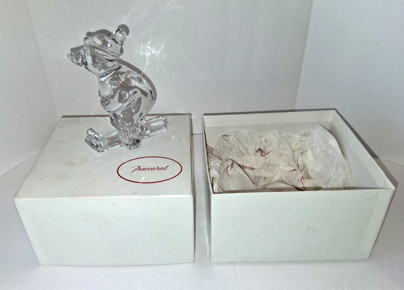 Baccarat France Clear Crystal Art Glass Polar Bear Skiing Figurine w/ Box Signed