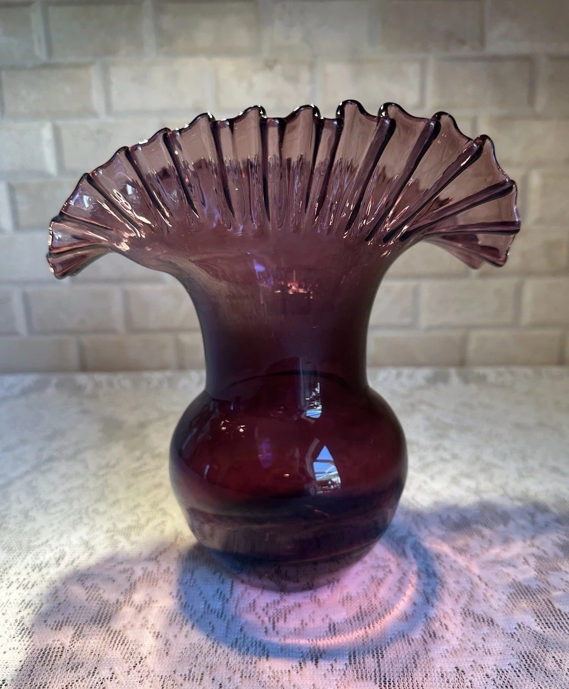 Blenko #390 Purple Amethyst Glass Vase, Mid-Century Crimped Rim Hand Blown 7.75”