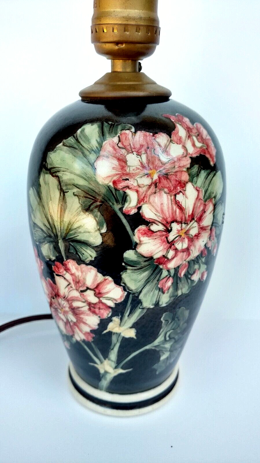 SBCD Santa Barbara Ceramic Design 1983 Pottery HP Floral Black Lamp signed M E F