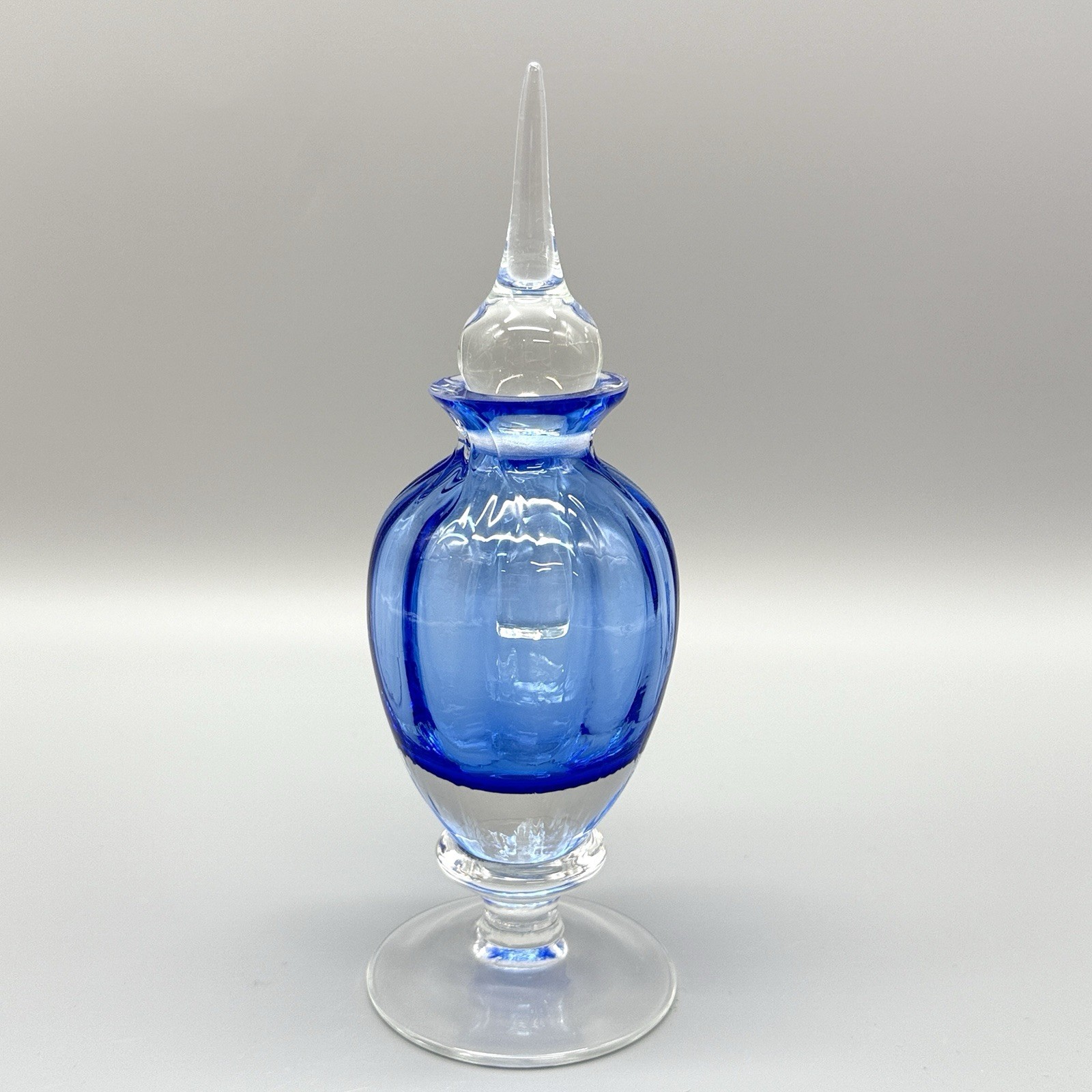 Vintage Art Glass Blue / Clear Footed Perfume Bottle Glass W/Stopper