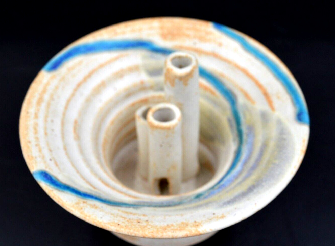 Vintage Studio Art Pottery Flower Frog Vase Bowl Beige Blue Hand Turned