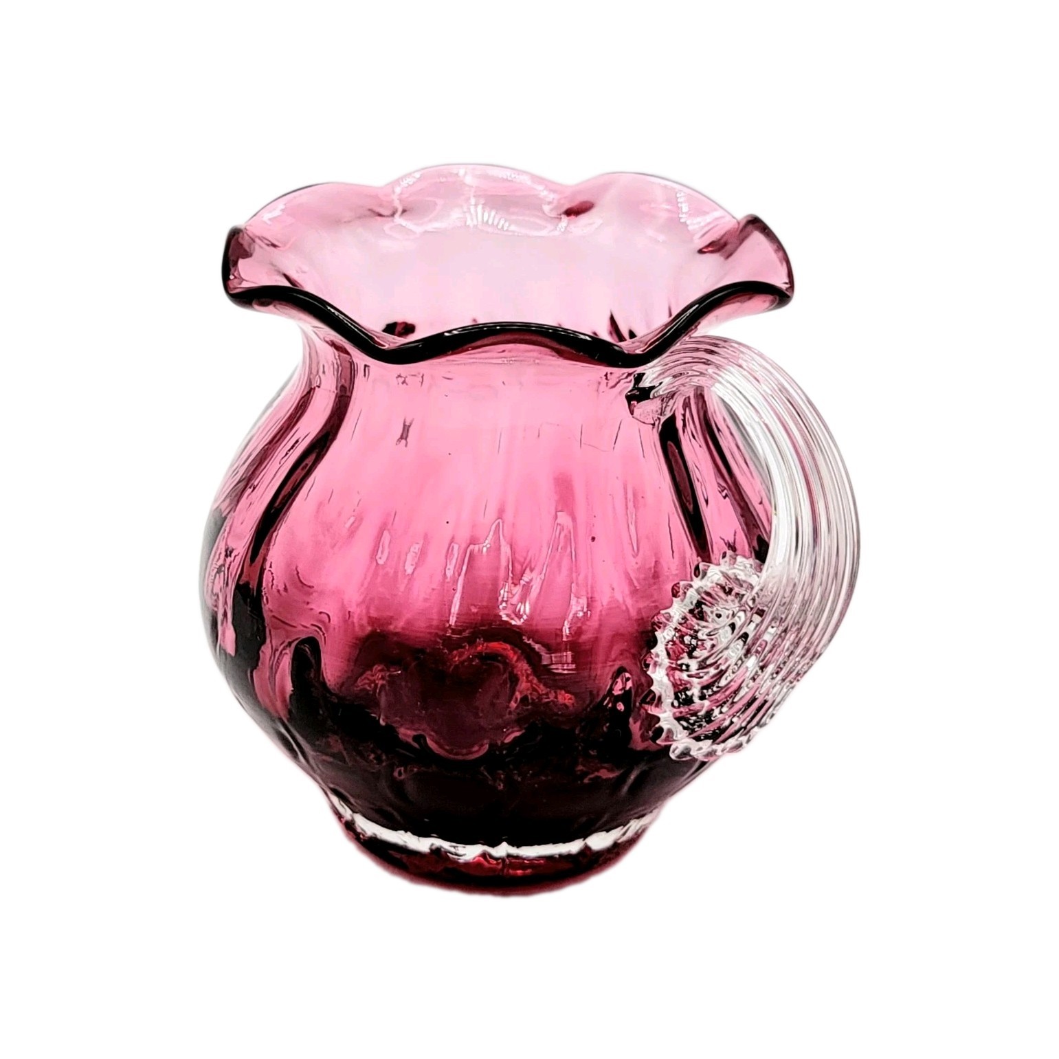 Pilgrim Cranberry Art Glass Vase W/ Ribbed Handle Ruffled Rim Hand Blown MCM