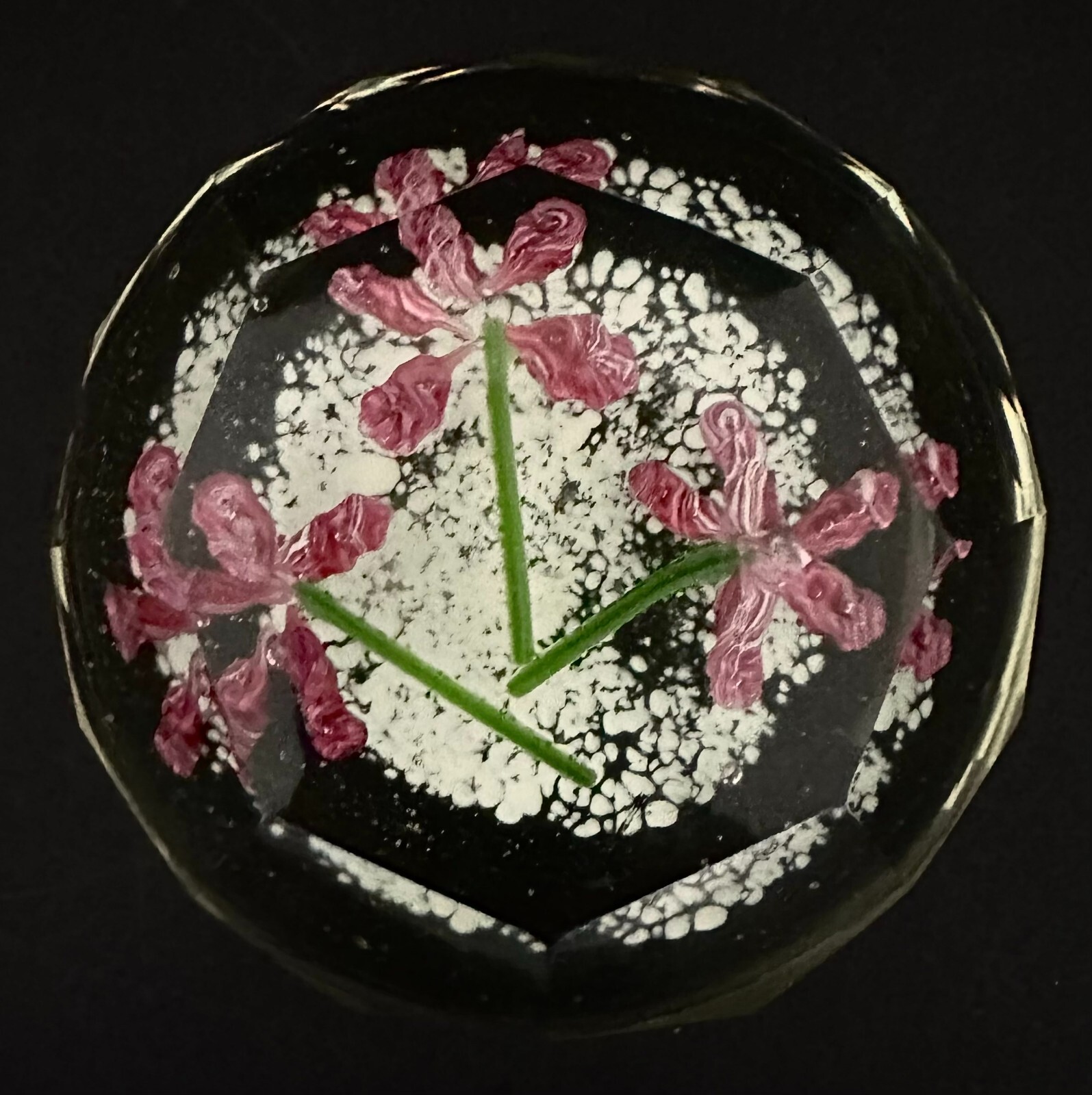 Art Glass Paperweight Czech Faceted, Pink Flowers with Green Stems Vintage