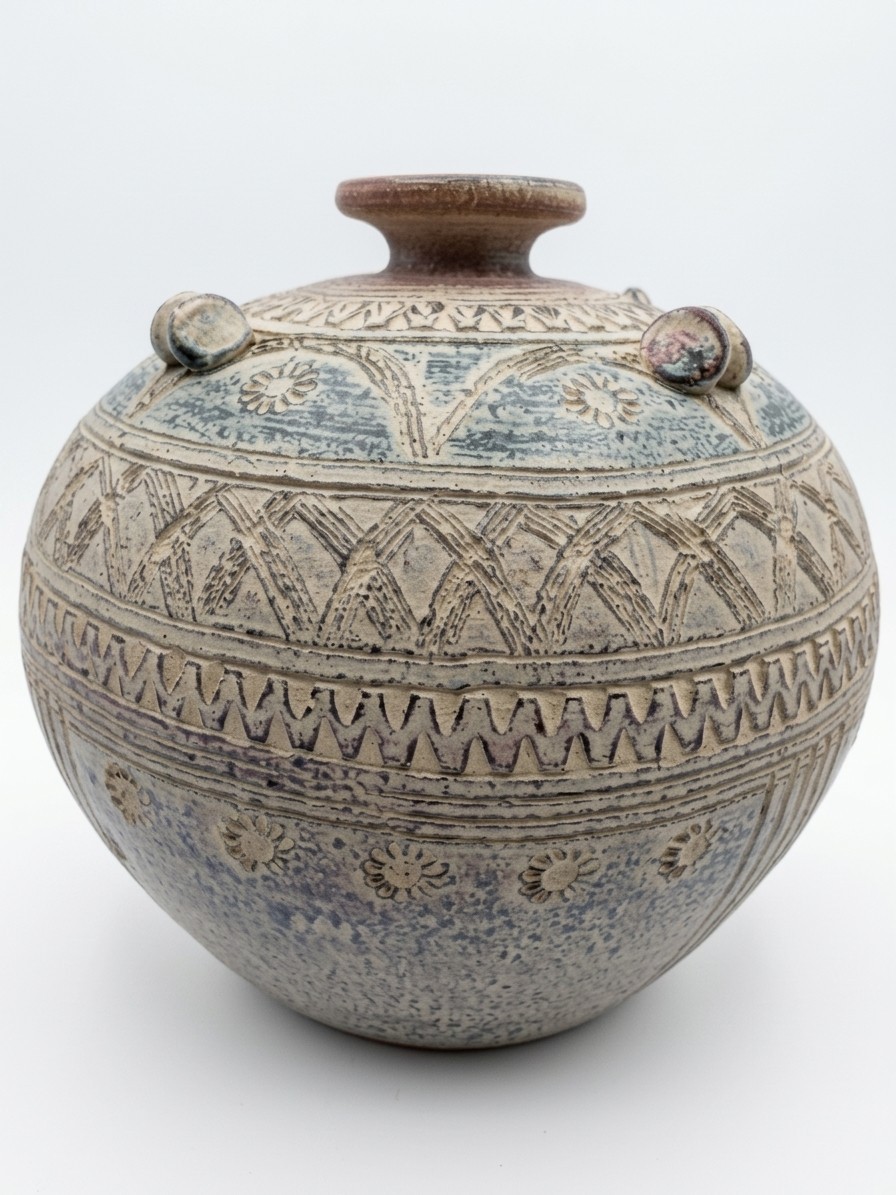 Hand-Thrown Studio Pottery Vase with Unique Incised Geometric and Floral Pattern