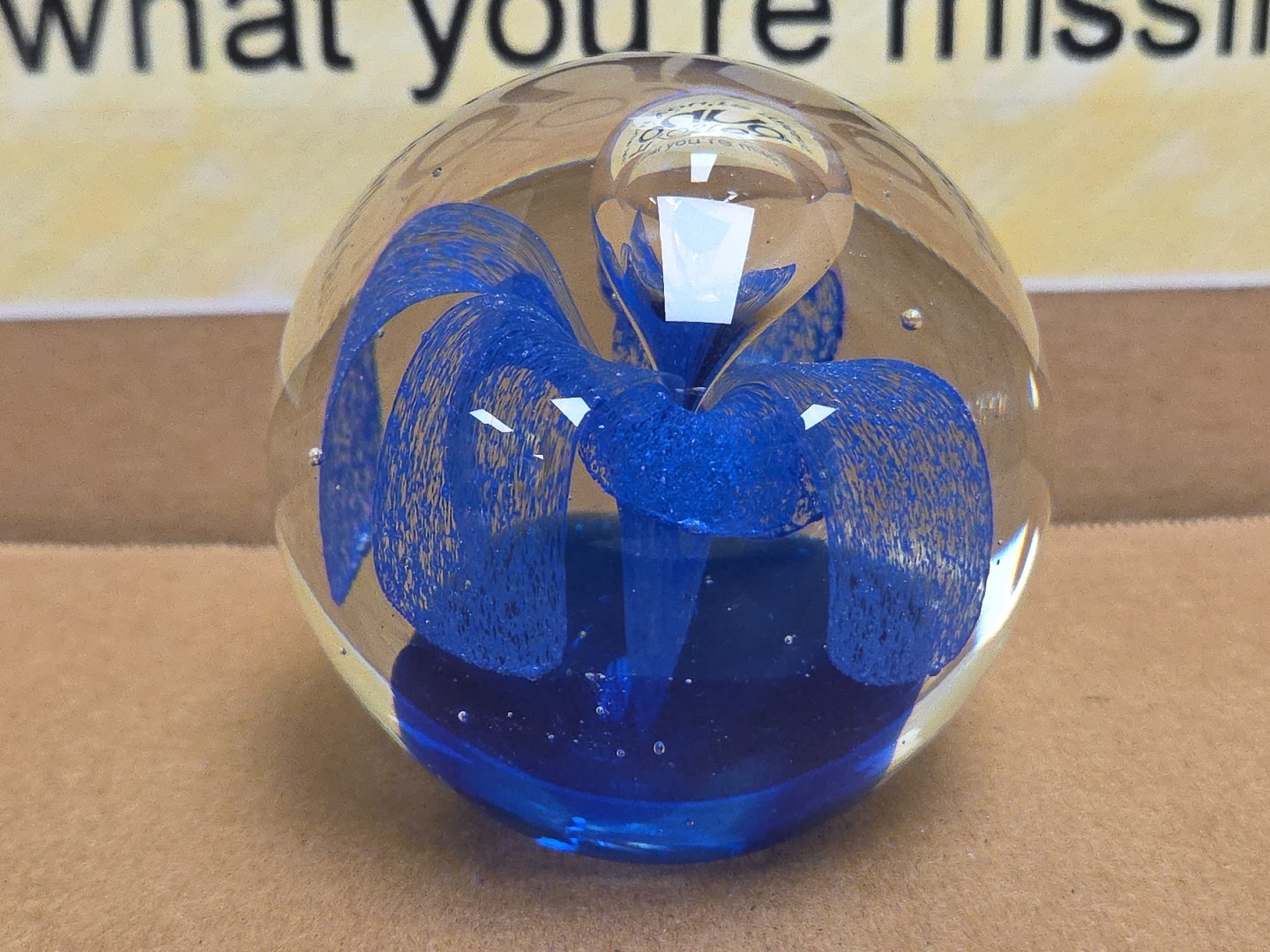 Art Glass Paperweight Clear Round with Cobalt Blue Flower Bloom 2.25”