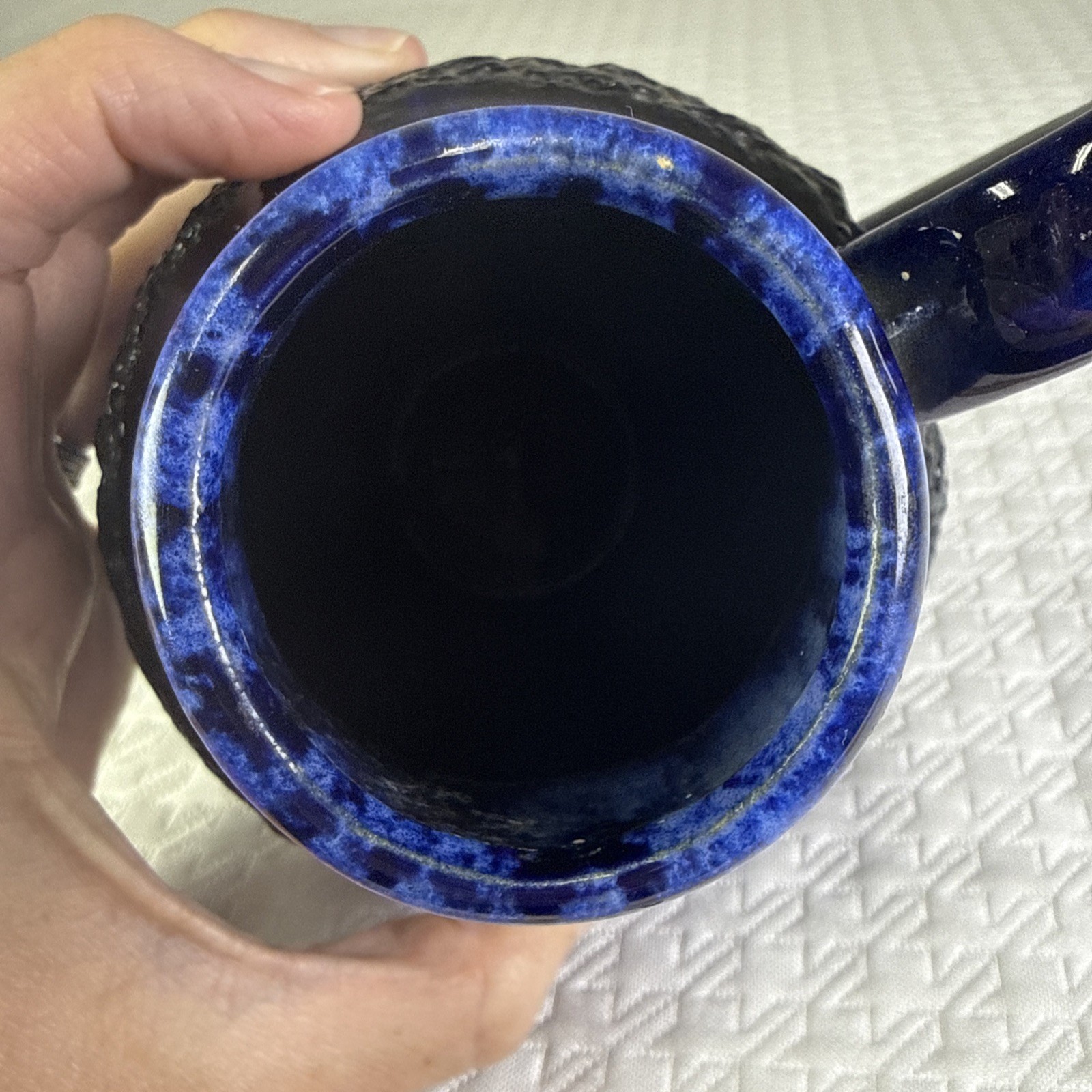 Vintage West German Style Pottery Jug Vase Blue Fat Lava Textured Glaze 6”