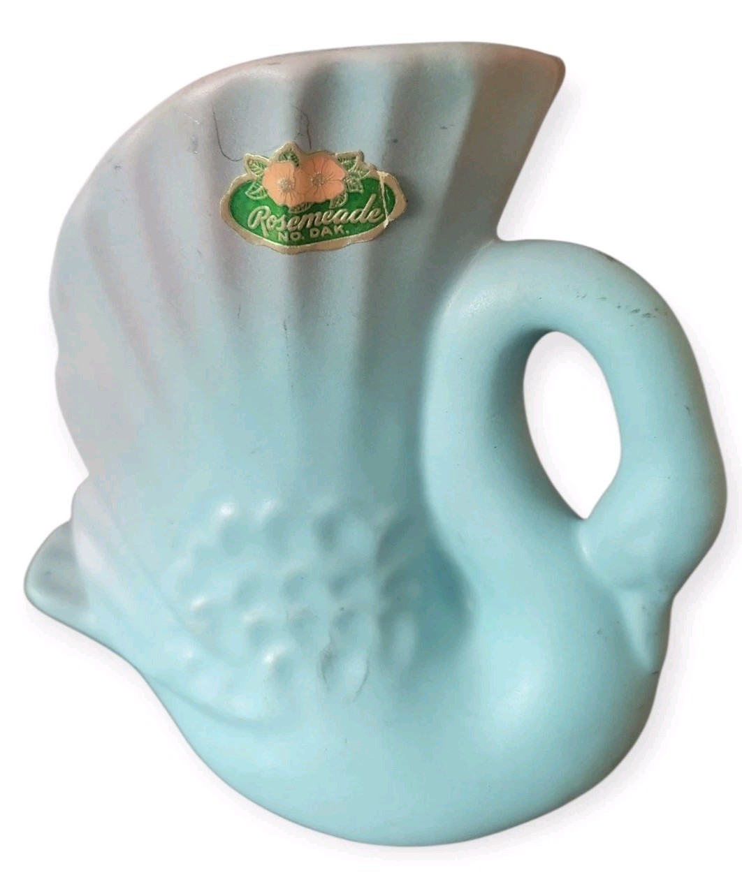 Rosemeade Pottery Swan Vase Vintage Blue Pink North Dakota 5 inches tall Stamped
