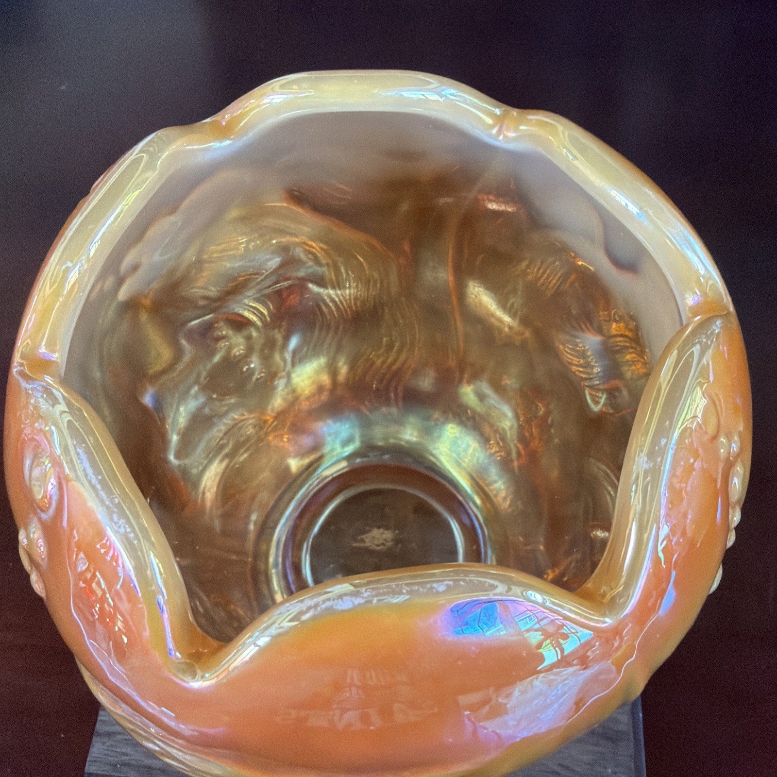 Gorgeous Fenton Iridescent Peach Opal Carnival Atlantis Koi Fish Vase Signed VTG
