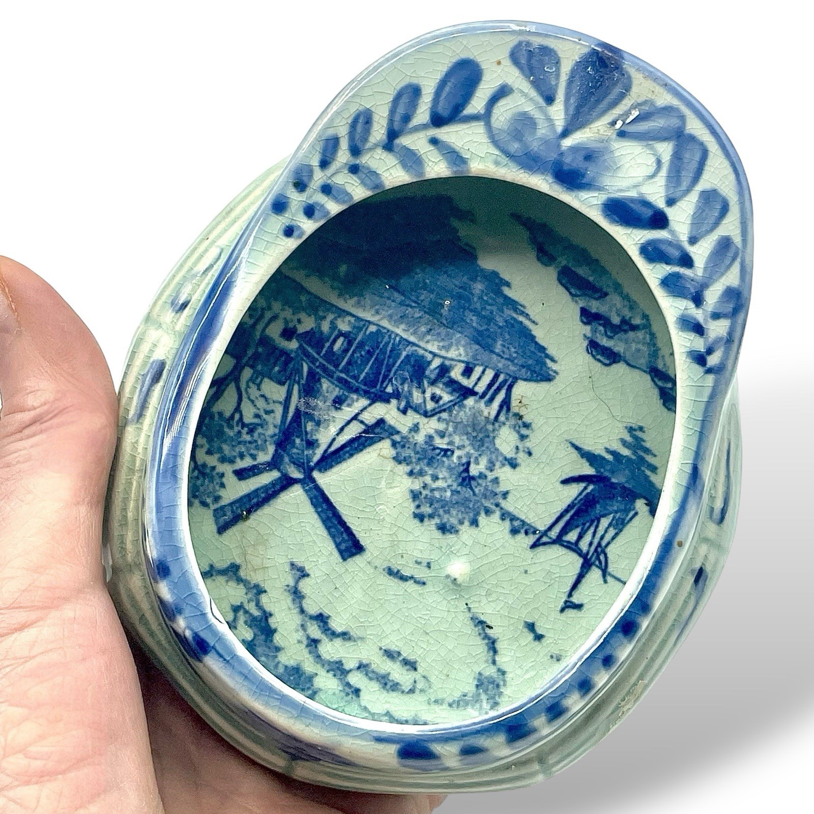 Vintage DELFT Dutch Boy Hat Cap Trinket Dish Ashtray Blue Hued Crazed Windmill
