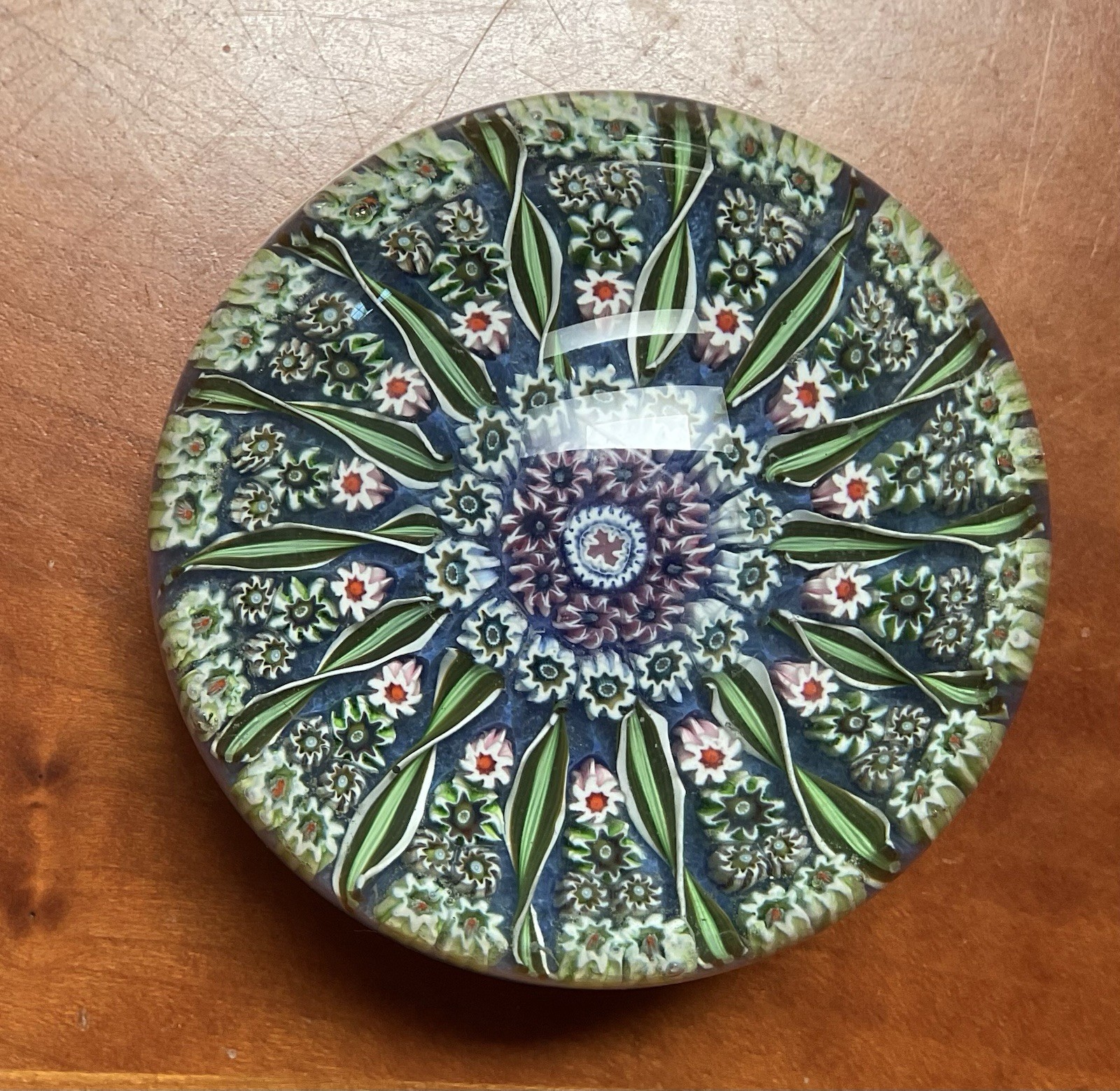 Vtg Perthshire Blue w/ Green White Pink Millefiori Twisted 14 Spoke Paperweight