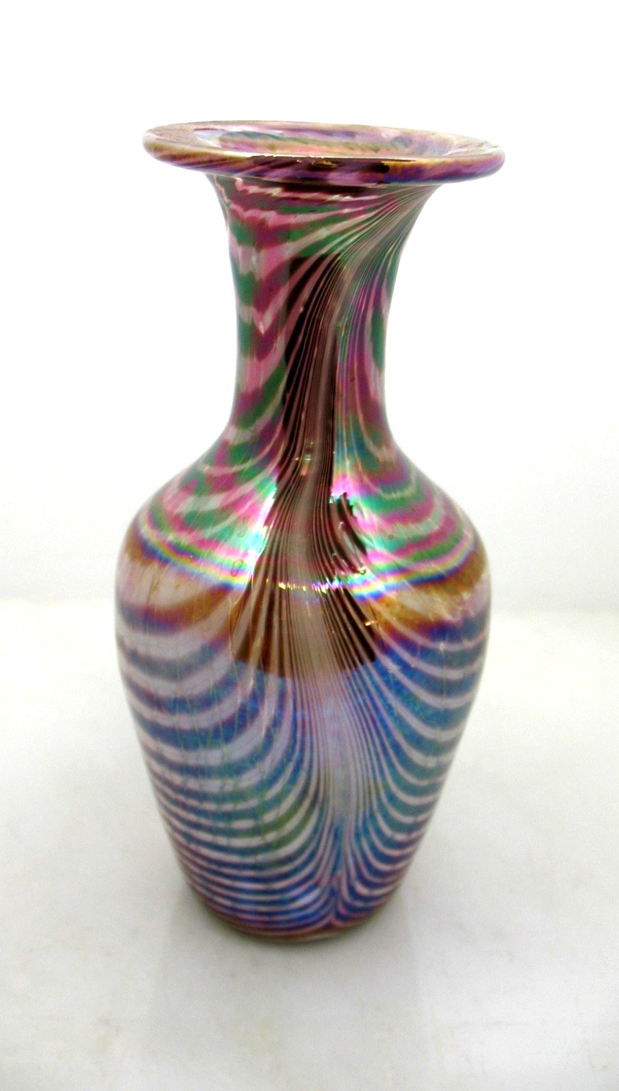 VTG MT ST HELENS ASH Vase Purple Iridescent Swirl Art Glass 1987 MSH Feathered