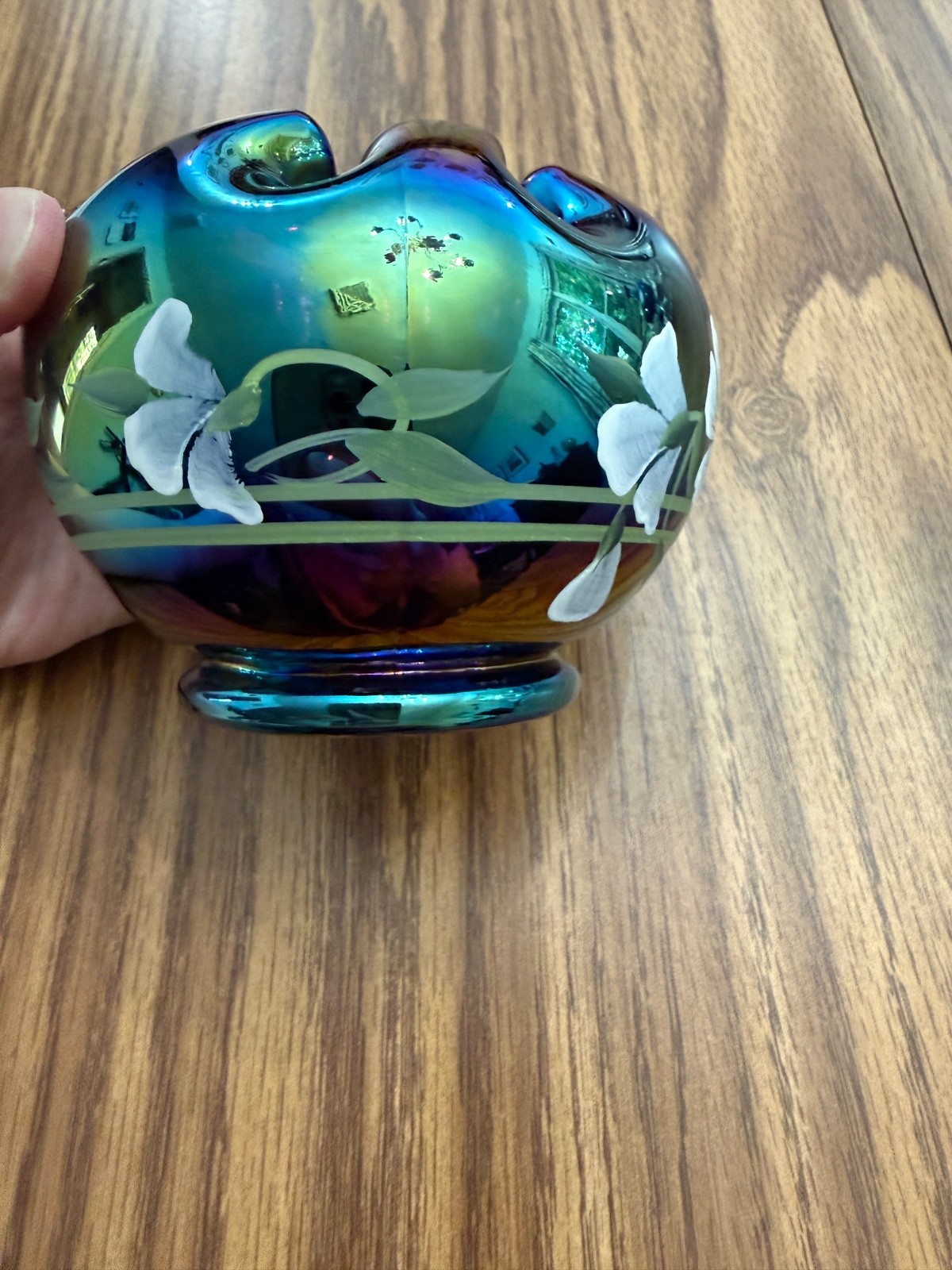 Fenton Carnival Glass Hand Painted Floral Rose Bowl Vase B Fluharty
