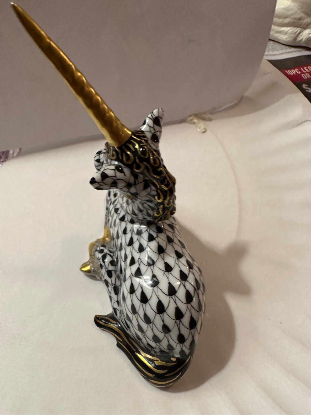 Herend Hungary Porcelain Fishnet Unicorn Figurine ~rare-Black & Gold chipped ear