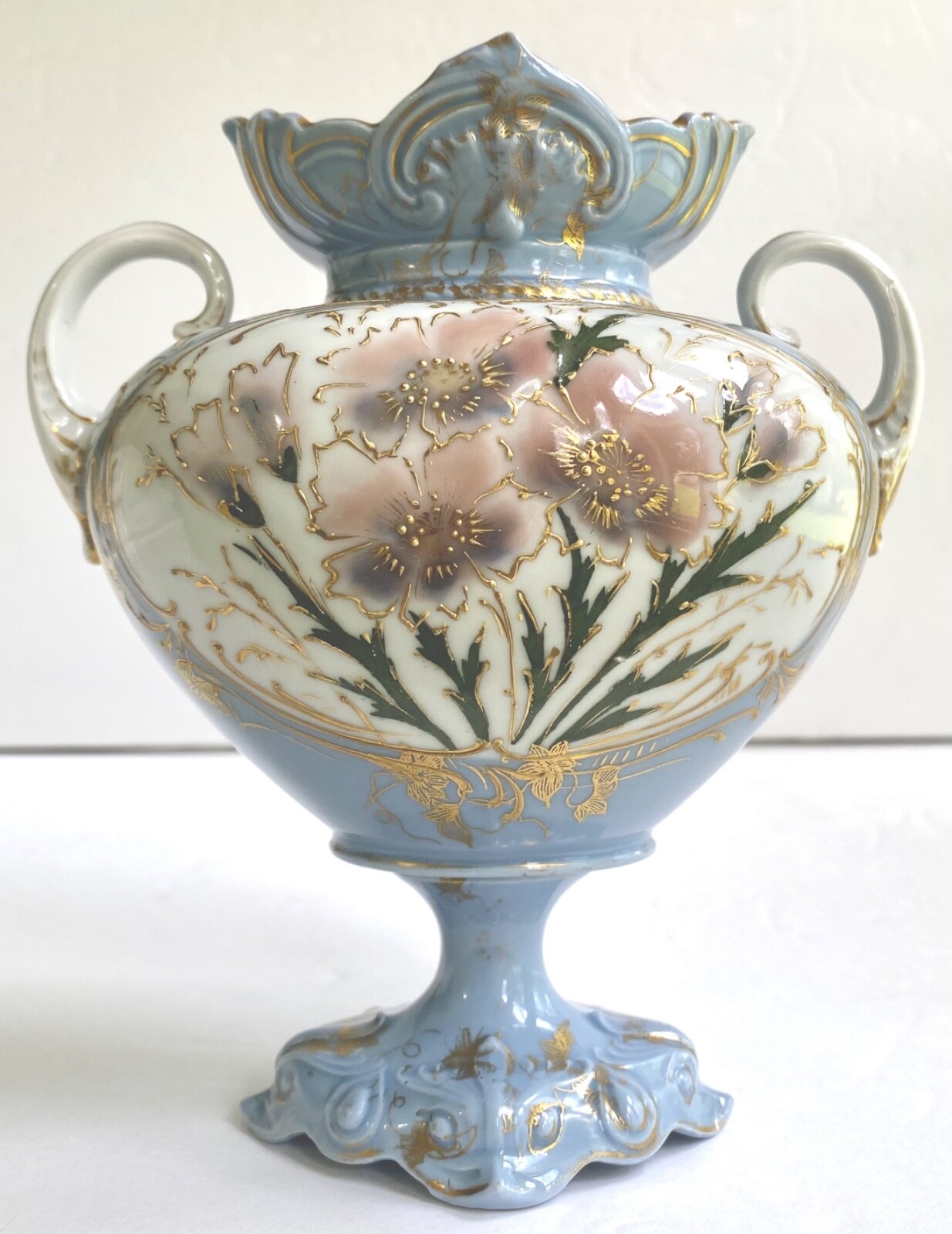 Vintage RS Prussia RVG76 Mold Gilded Pink Floral Art Nouveau Pedestal Vase Blue