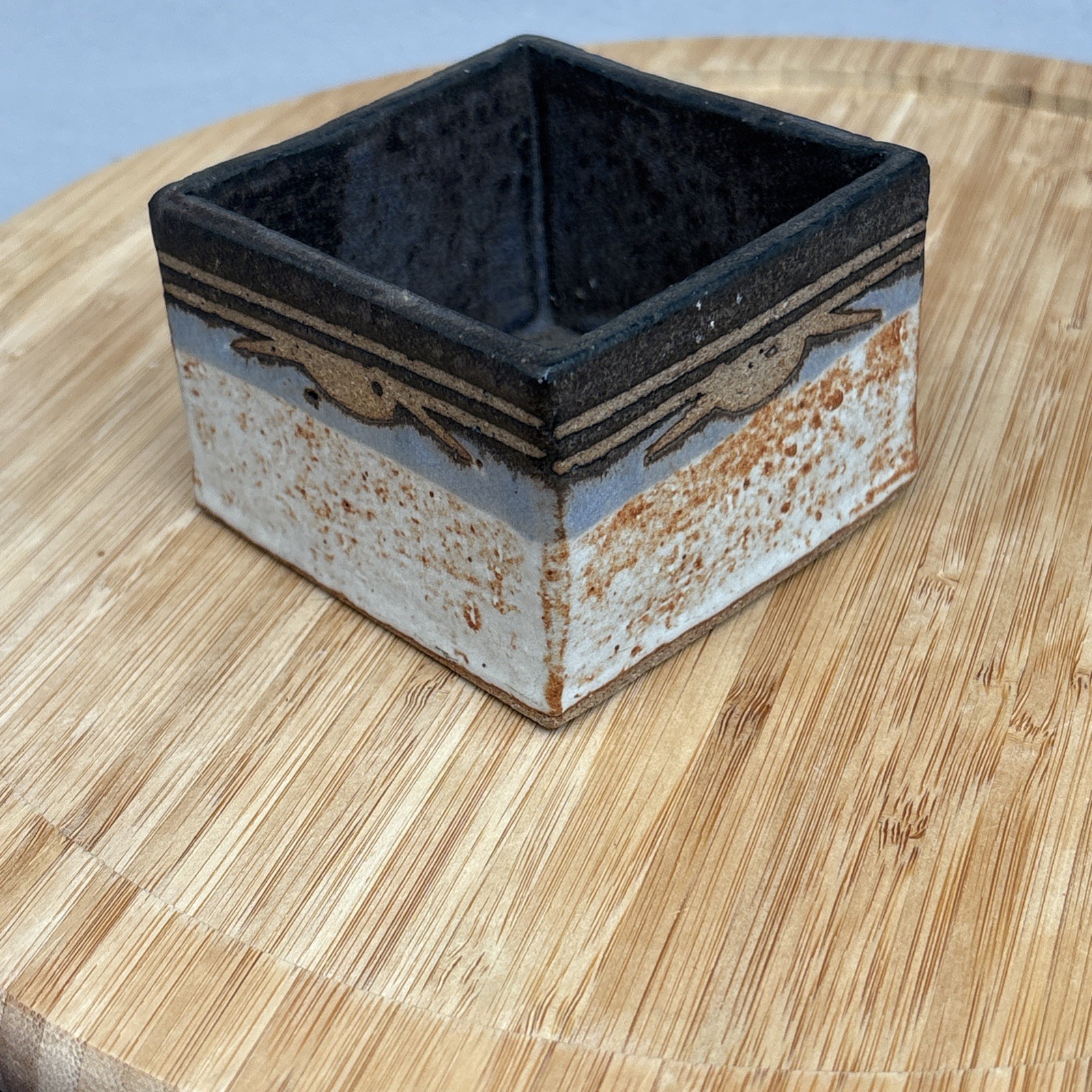 Art Studio Small Stoneware Container 3″ Square Speckled Signed “RT”