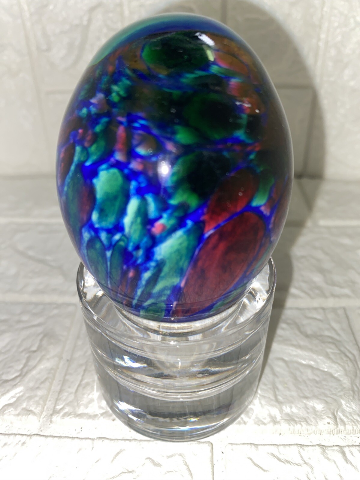 Vintage Adam JABLONSKI Art Glass Egg Shaped Paperweight Poland W/Atlantis Stand