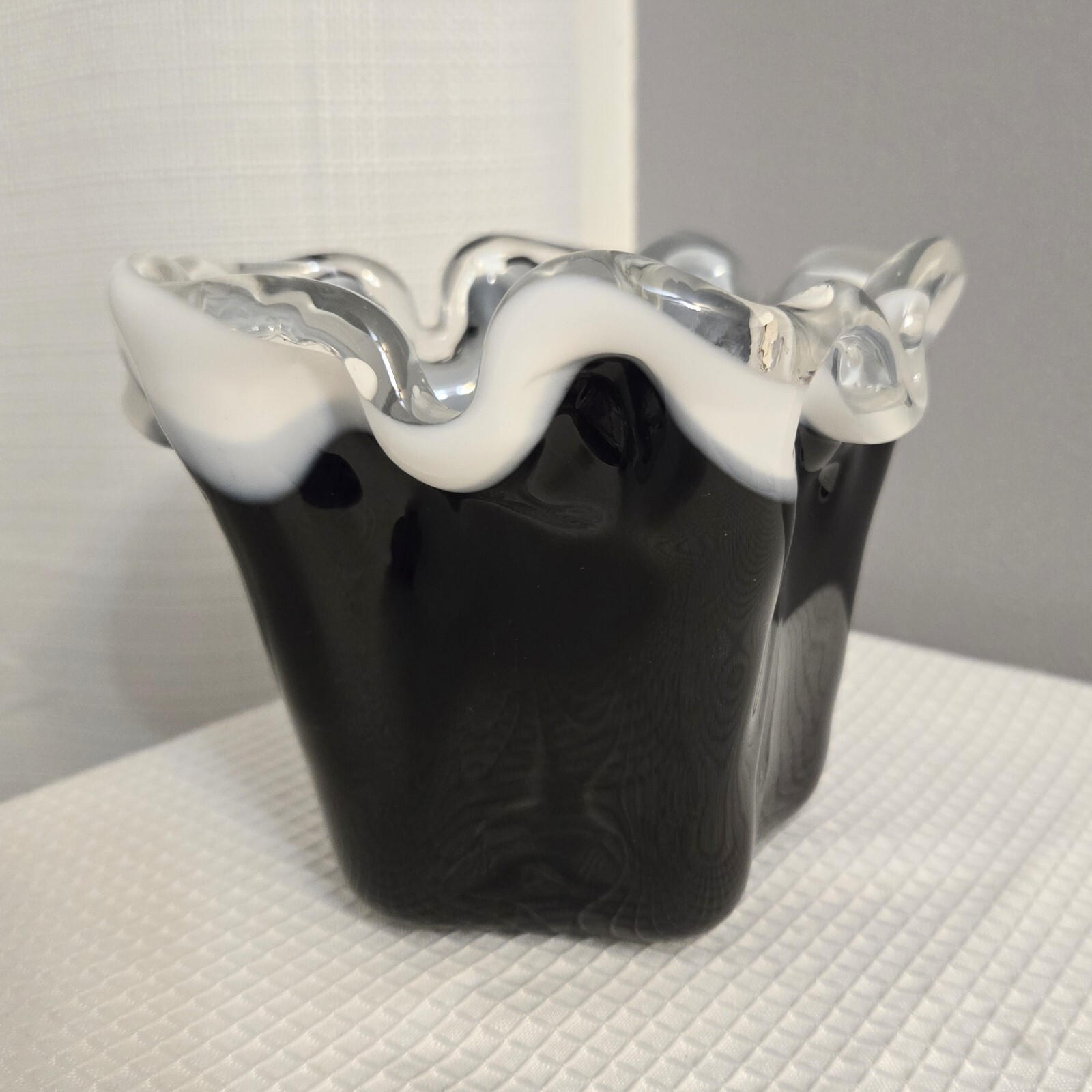 Cased Black Art Glass Vase White Clear Crest Ruffle Square Base Handcrafted