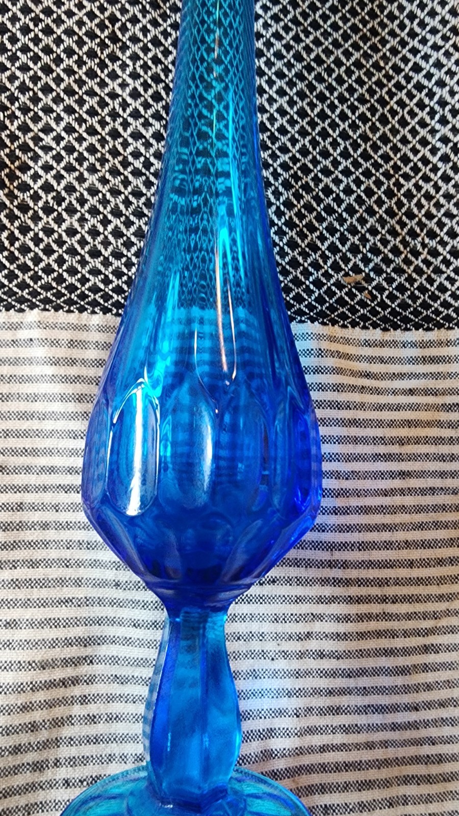 Vintage 12″ Fenton Sapphire Blue Glass Thumbprint Swung Bud Vase
