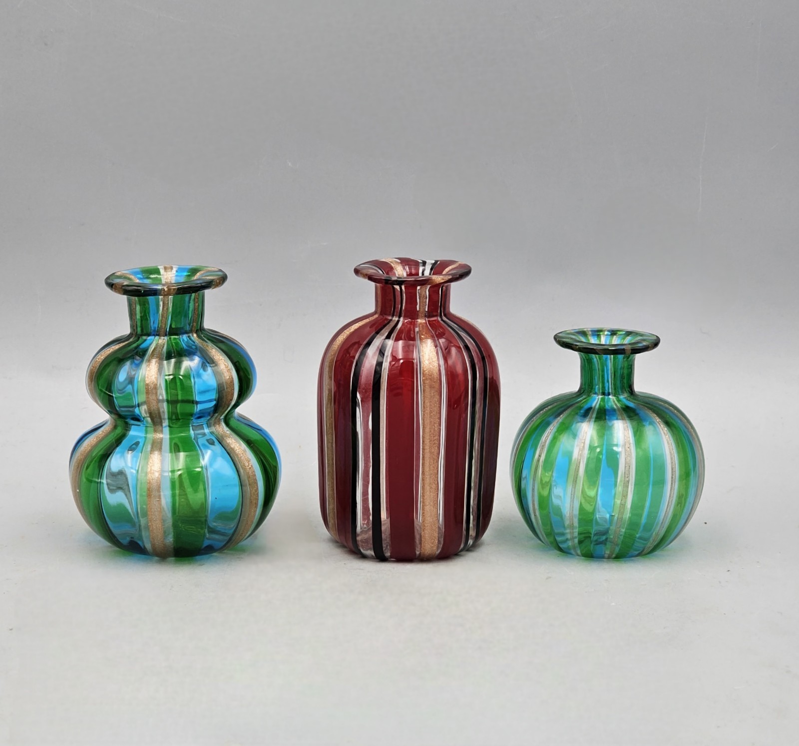 Vintage Venetian Murano Mini Green Blue Gold Vases/Red Black Gold Vase -Set Of 3