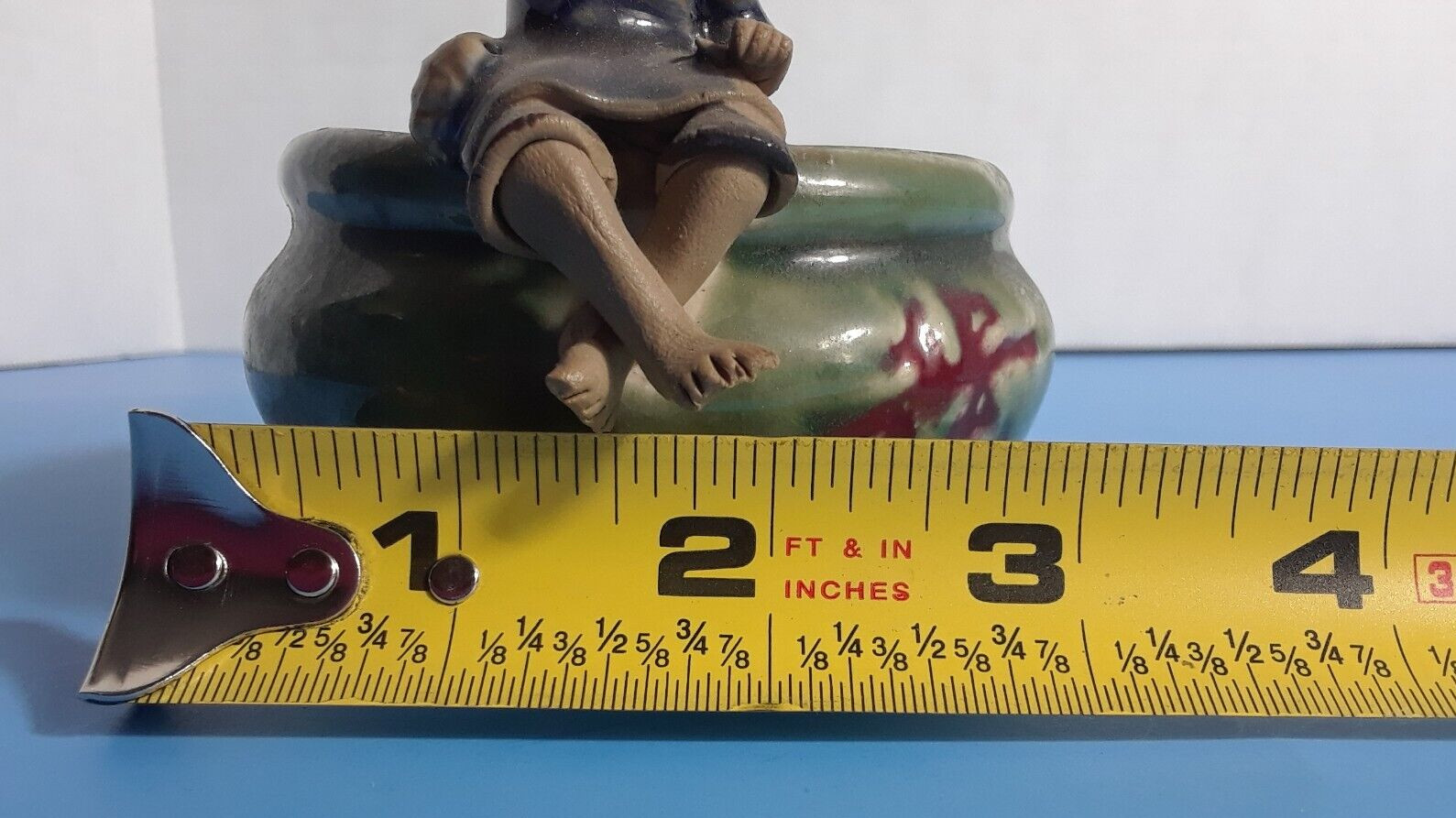 Vintage Chinese Mudman on Side of Round 3.25 in Glazed Pot Trinket Dish