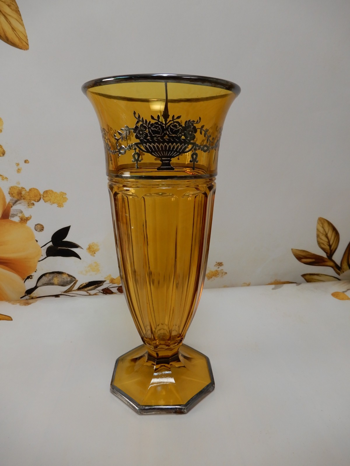 Vintage Antique Amber Glass Tall Vase w/ Silver Overlay Decoration
