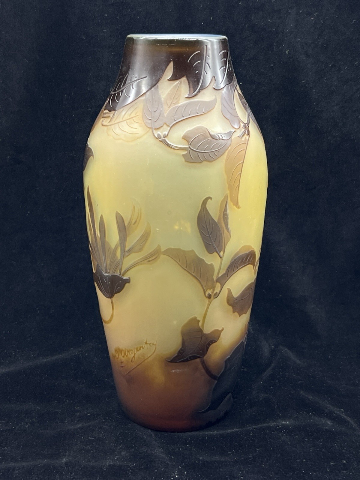 Antique St Louis D’Argental Acid Etched Cameo Glass Floral Vase—9.75”