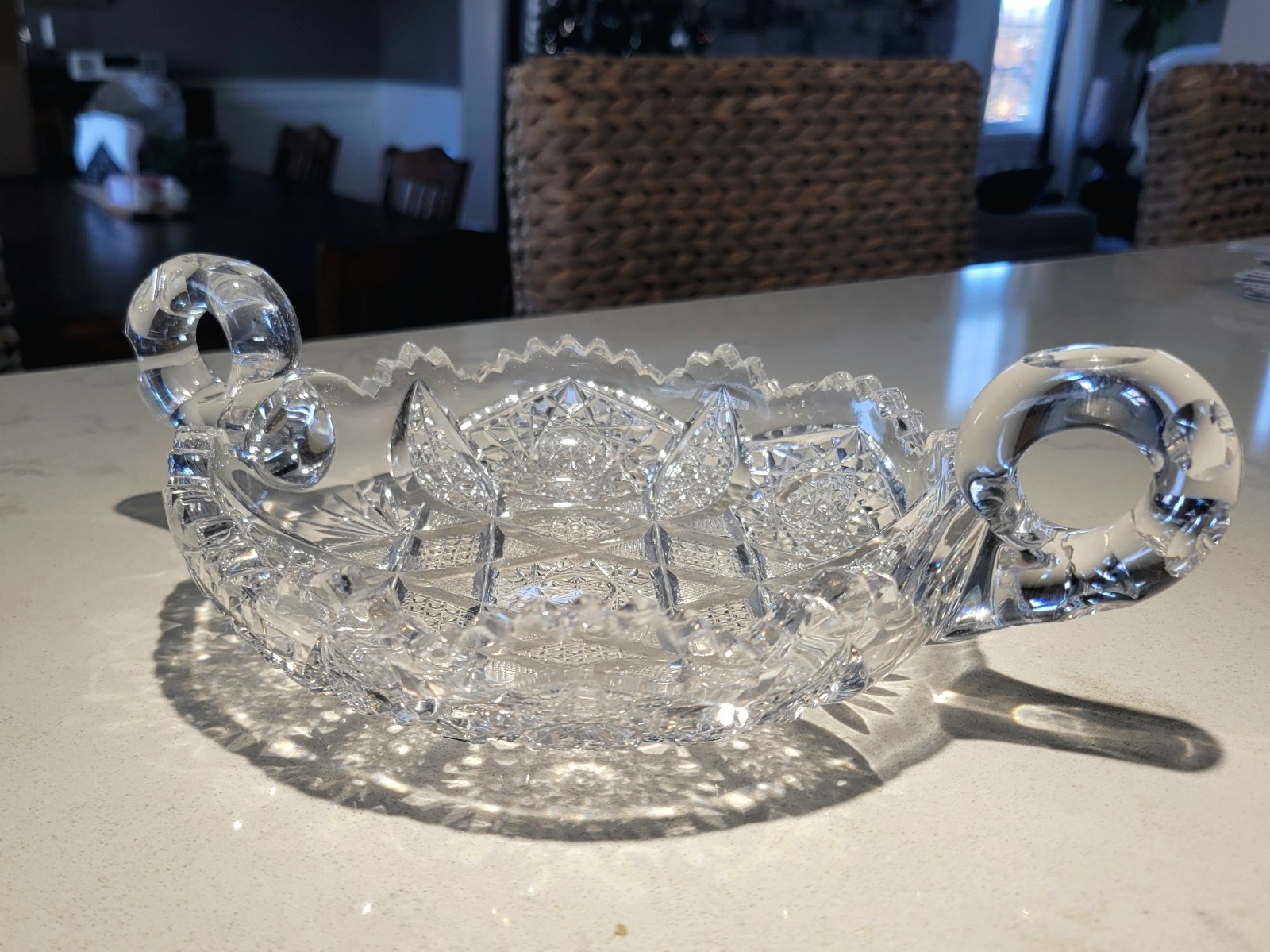 Antique ABP Cut Lead Crystal Dish 950g Brilliant Starburst Base with Handles